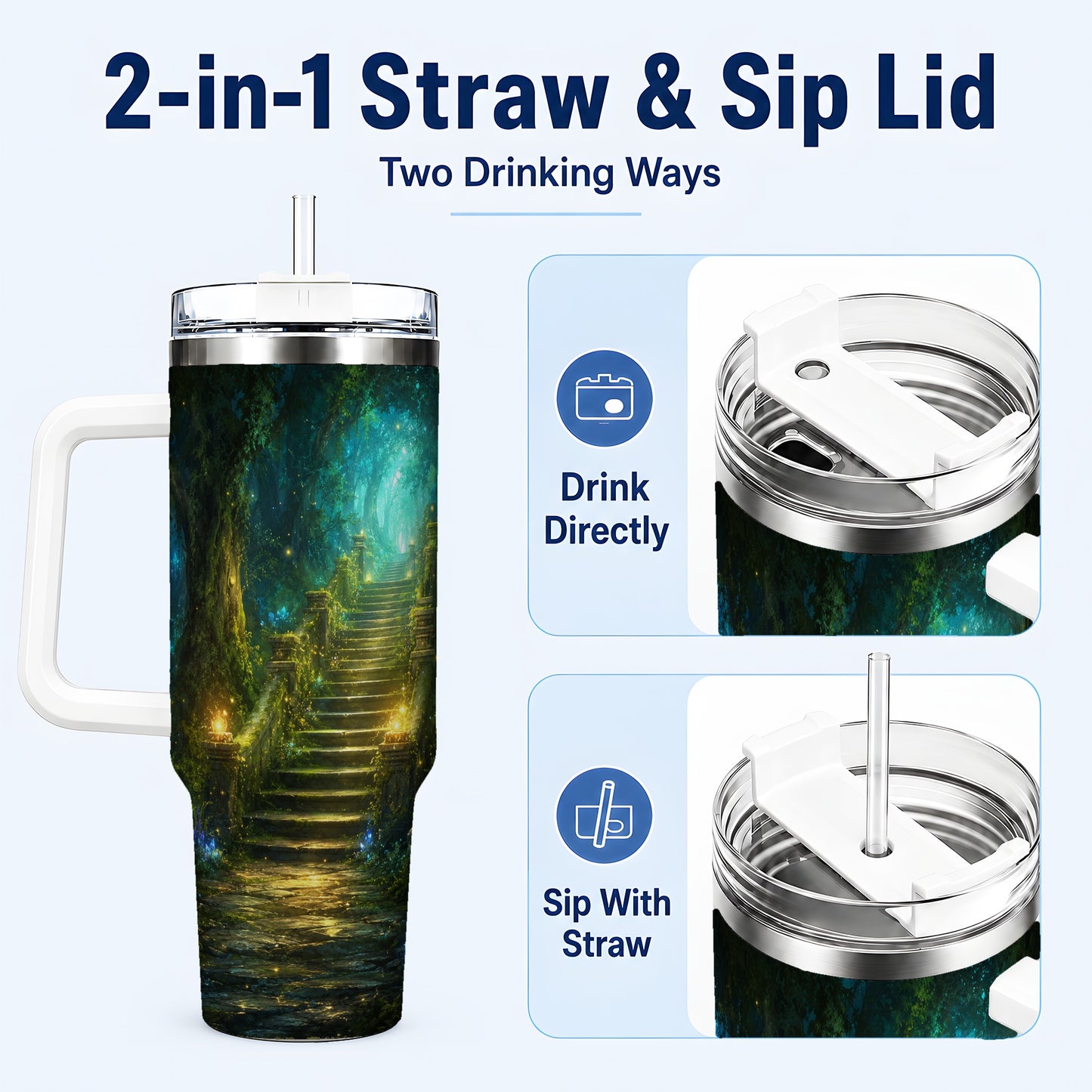 #pl[40oz|White] Enchanted Forest Stairway 40oz Tumbler with Handle, Fantasy Woodland Art