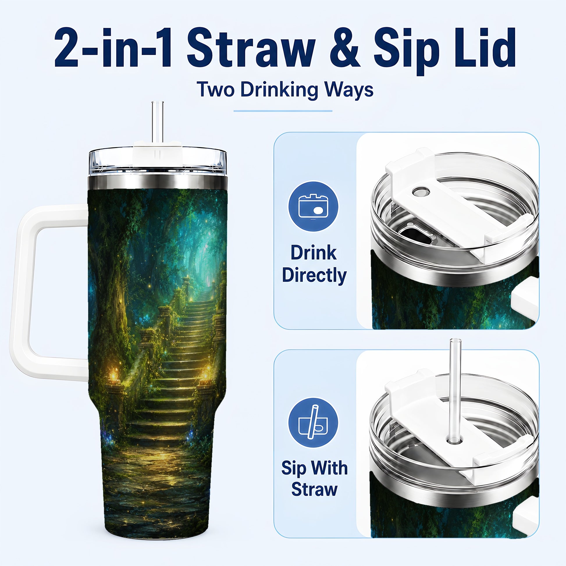 #pl[40oz|White] Enchanted Forest Stairway 40oz Tumbler with Handle, Fantasy Woodland Art
