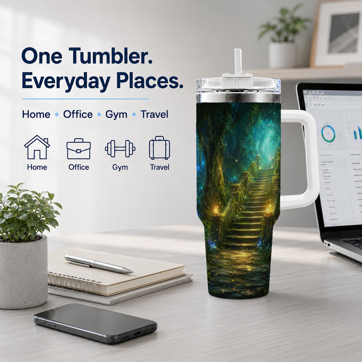 #pl[40oz|White] Enchanted Forest Stairway 40oz Tumbler with Handle, Fantasy Woodland Art