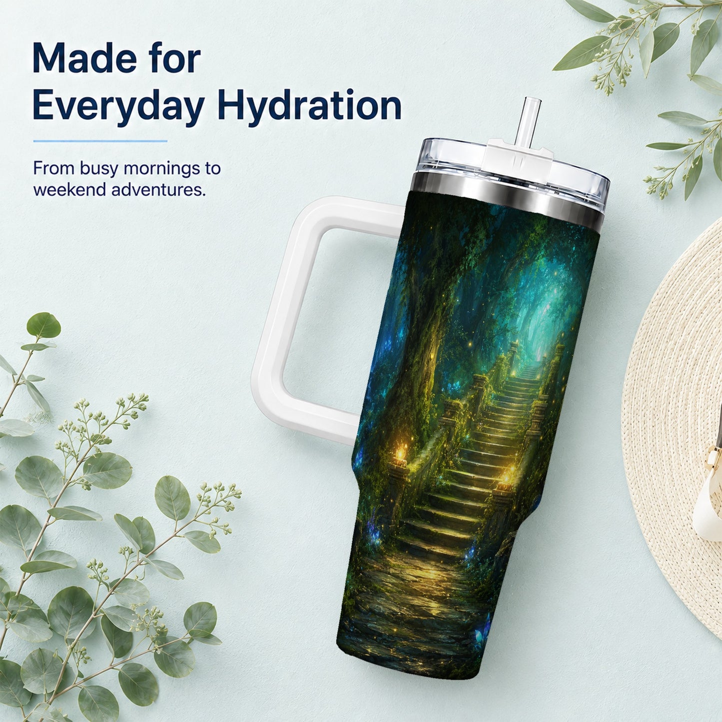 #pl[40oz|White] Enchanted Forest Stairway 40oz Tumbler with Handle, Fantasy Woodland Art