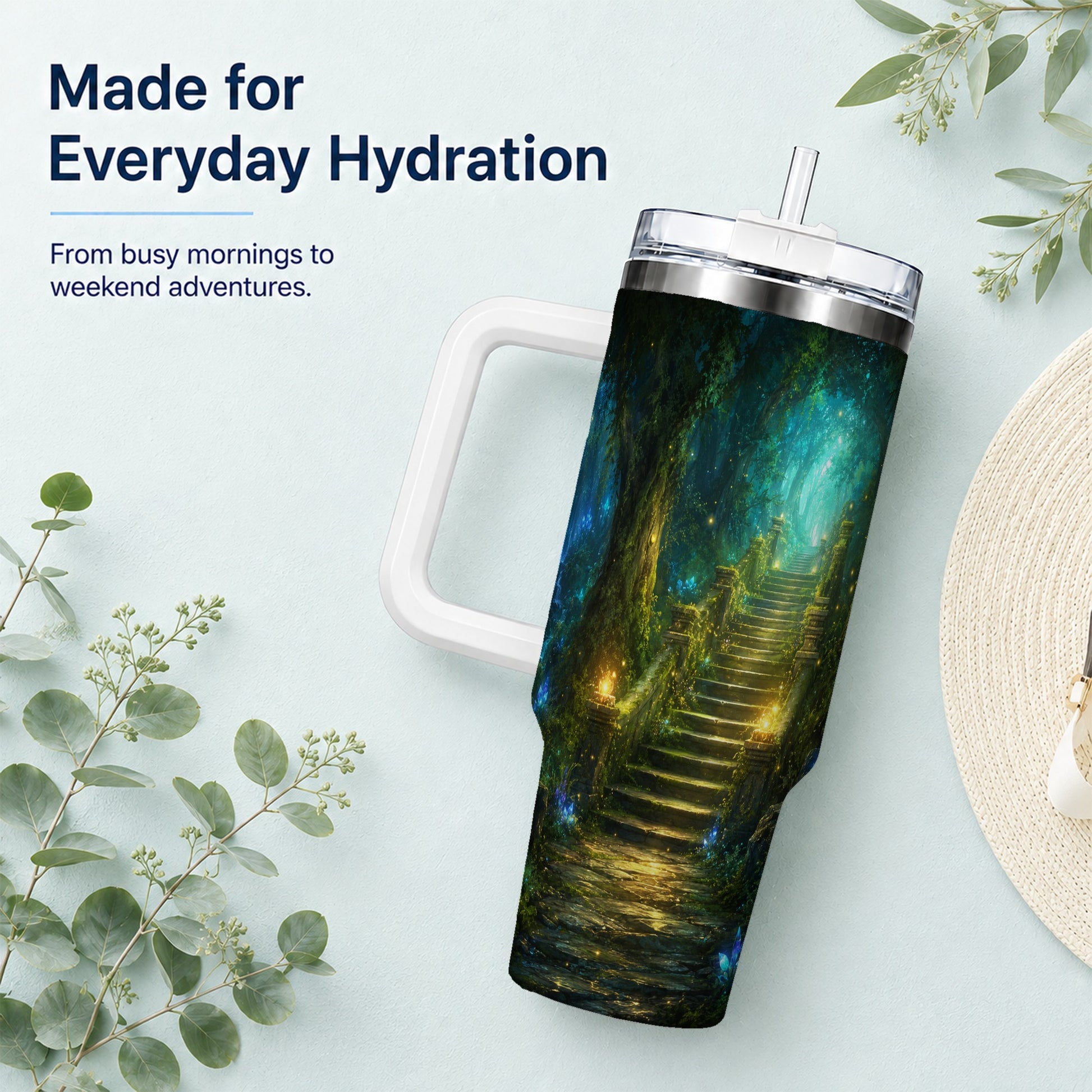 #pl[40oz|White] Enchanted Forest Stairway 40oz Tumbler with Handle, Fantasy Woodland Art