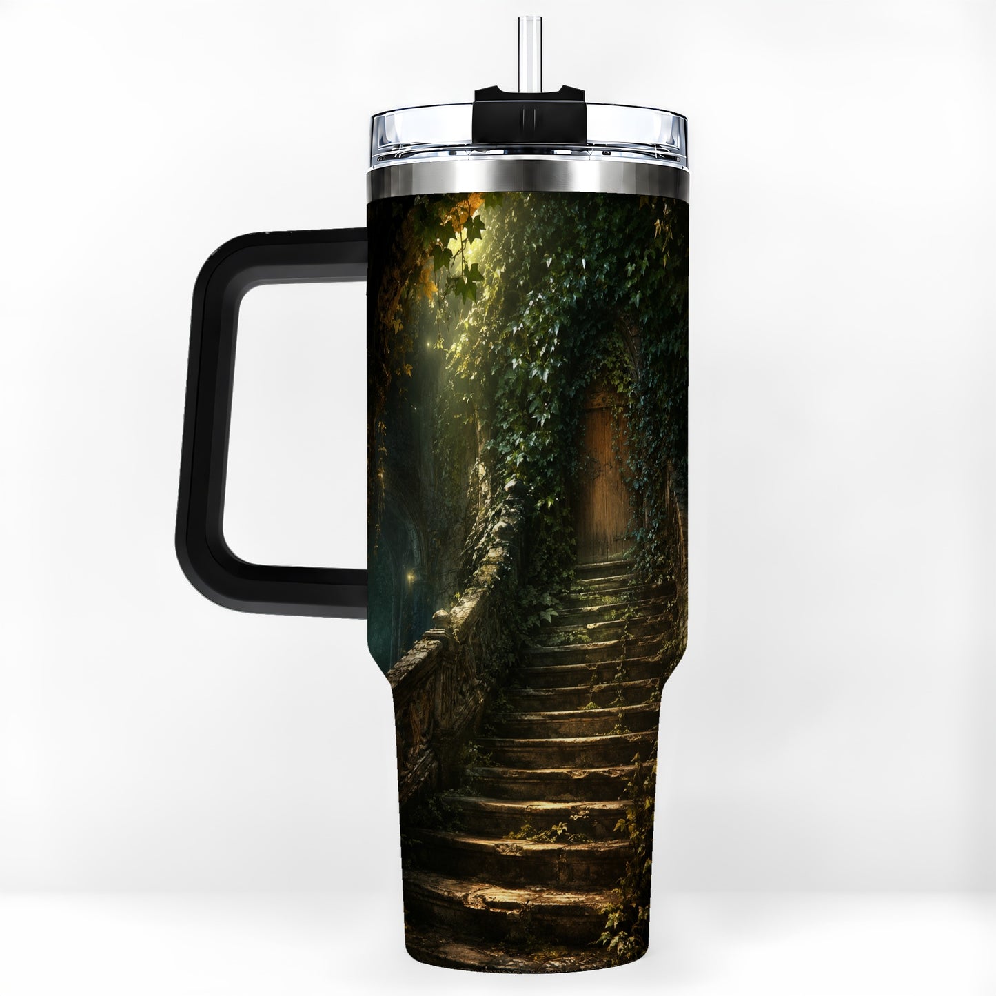 #pl[40oz|Black] Ivy Hidden Staircase 40oz Tumbler with Handle, Mystic Garden Door Art
