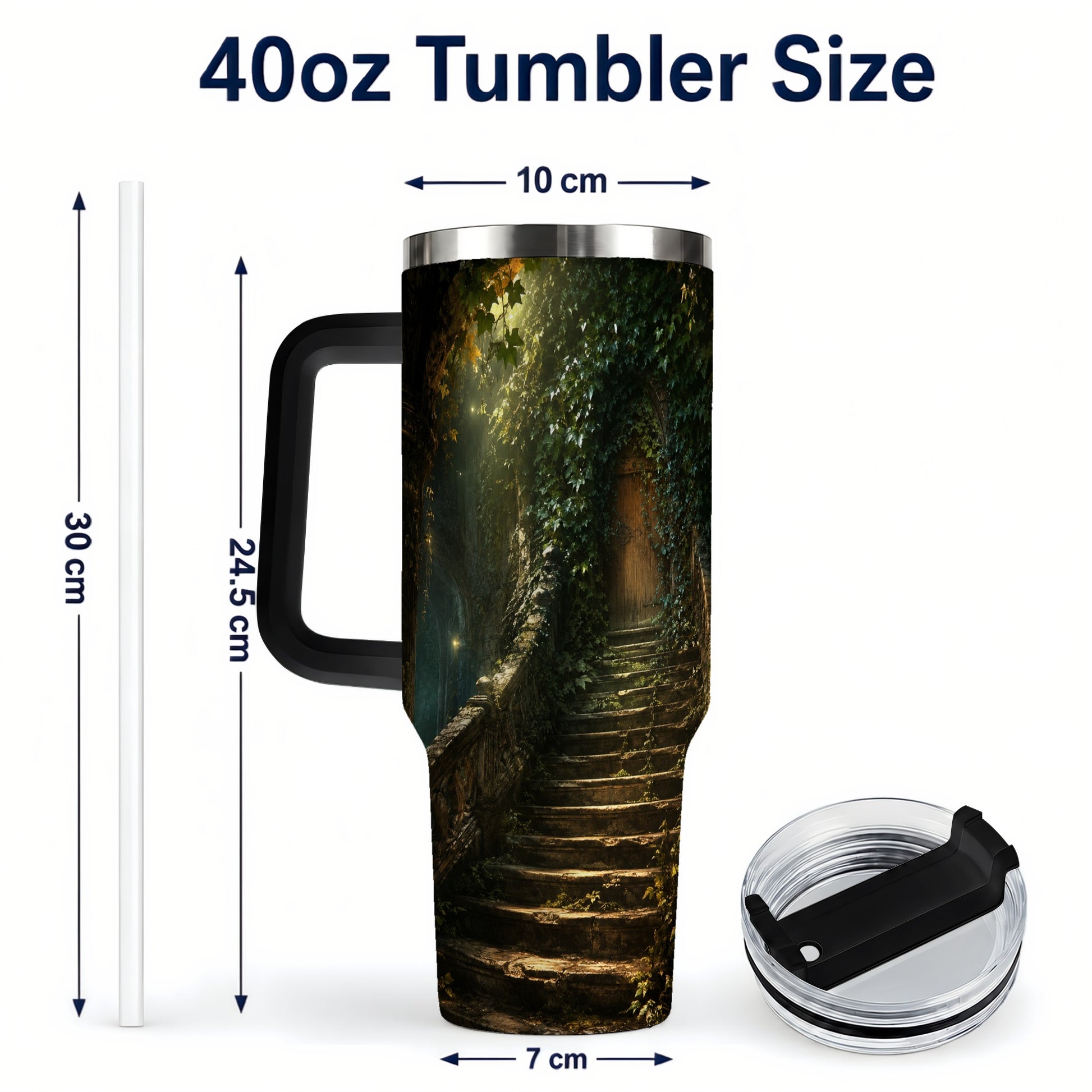 #pl[40oz|Black] Ivy Hidden Staircase 40oz Tumbler with Handle, Mystic Garden Door Art