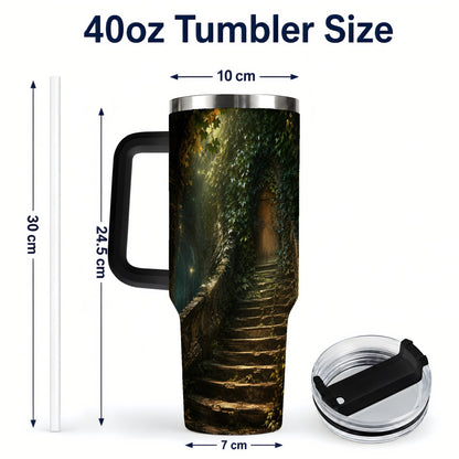 #pl[40oz|Black] Ivy Hidden Staircase 40oz Tumbler with Handle, Mystic Garden Door Art