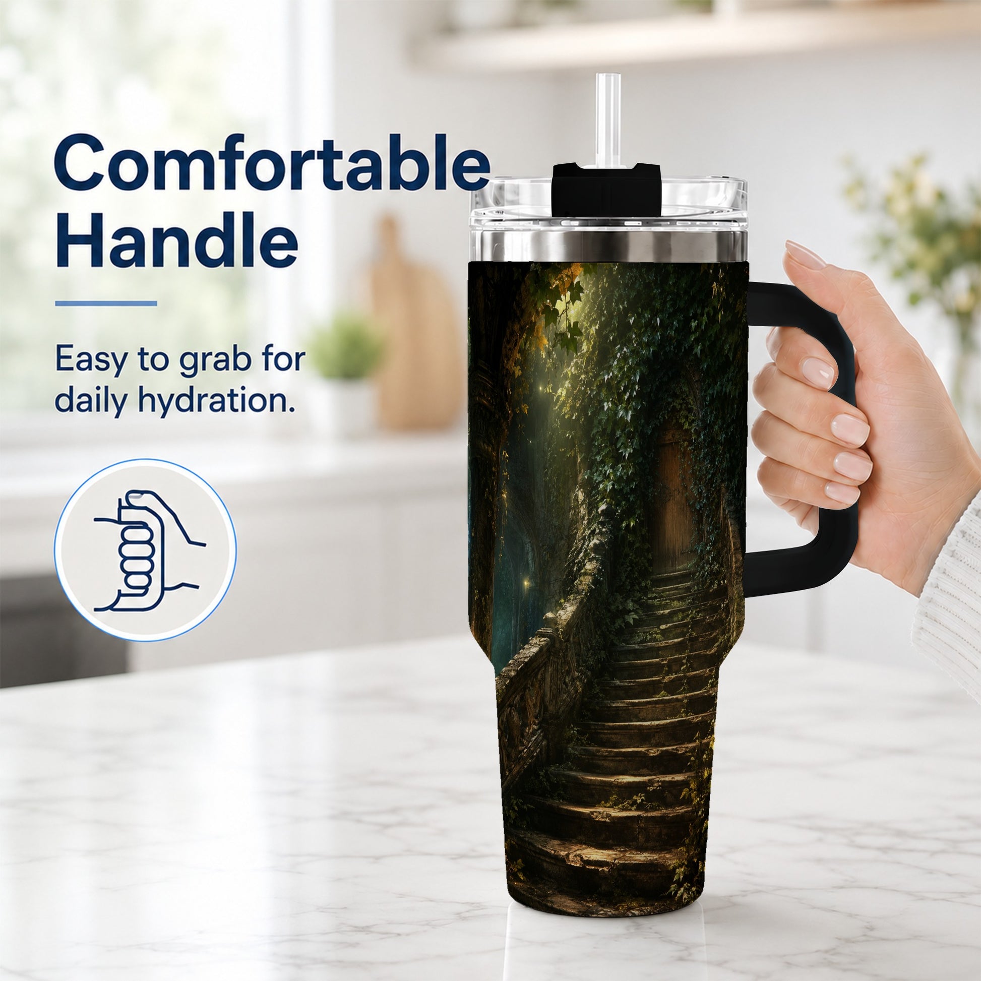 #pl[40oz|Black] Ivy Hidden Staircase 40oz Tumbler with Handle, Mystic Garden Door Art
