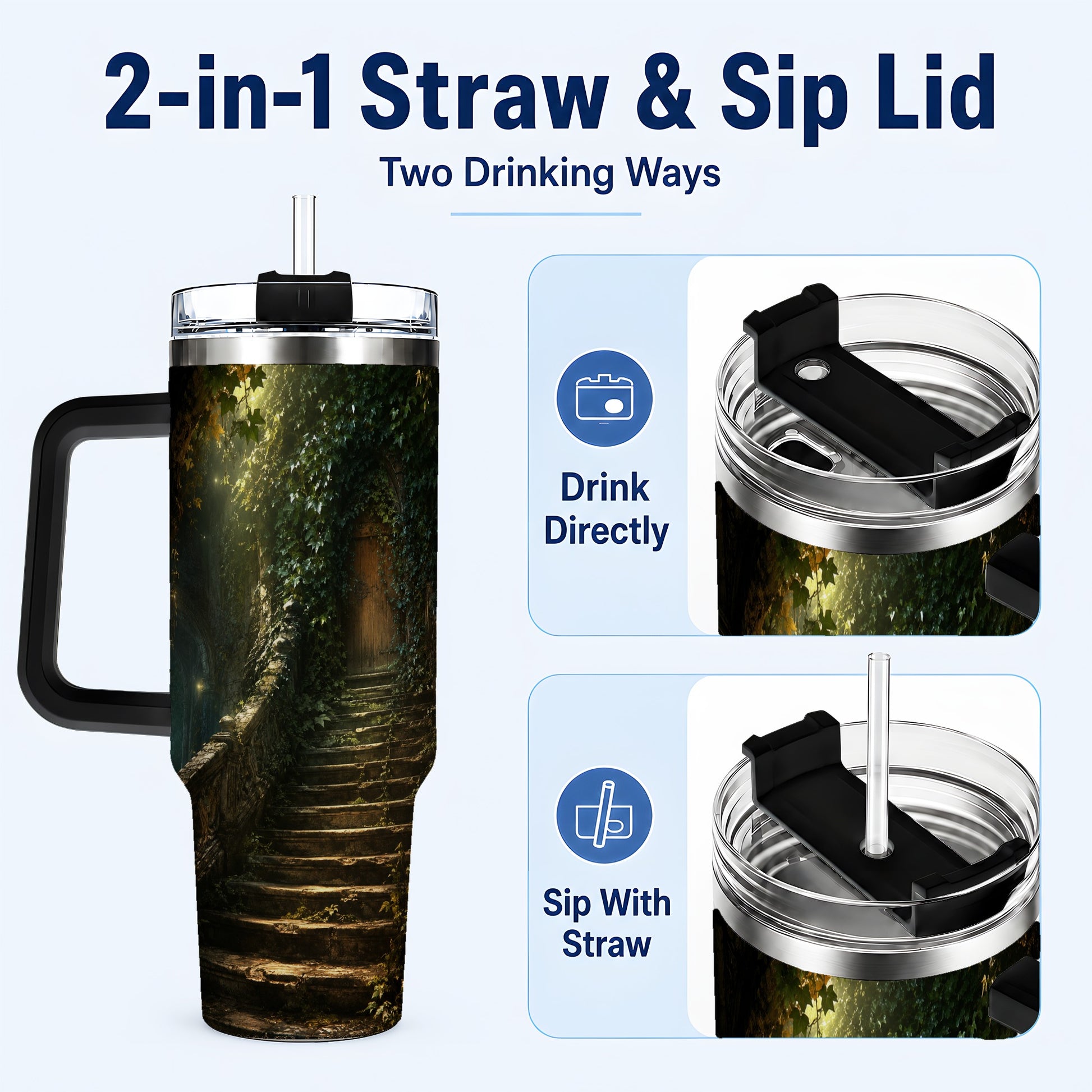 #pl[40oz|Black] Ivy Hidden Staircase 40oz Tumbler with Handle, Mystic Garden Door Art
