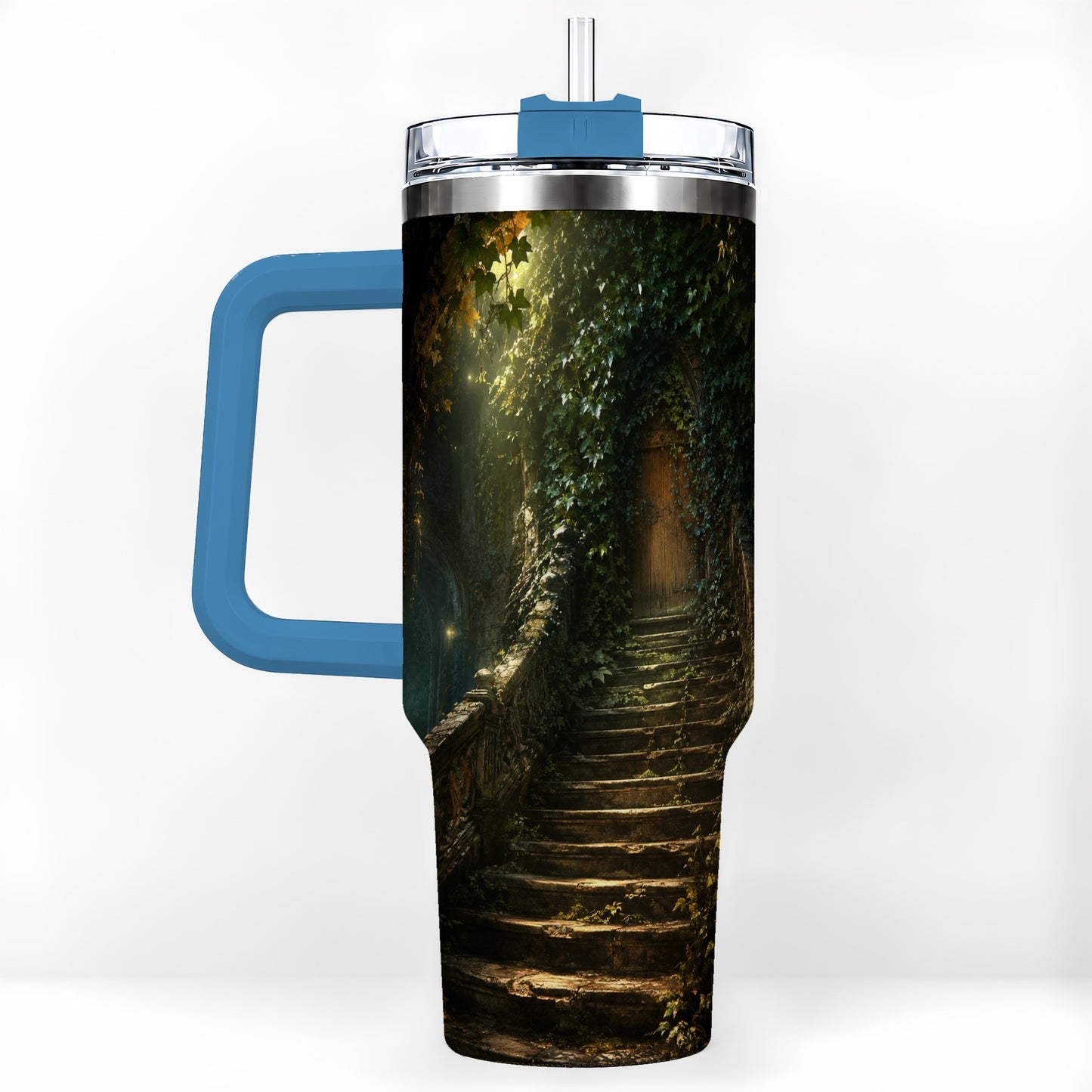 #pl[40oz|Blue] Ivy Hidden Staircase 40oz Tumbler with Handle, Mystic Garden Door Art