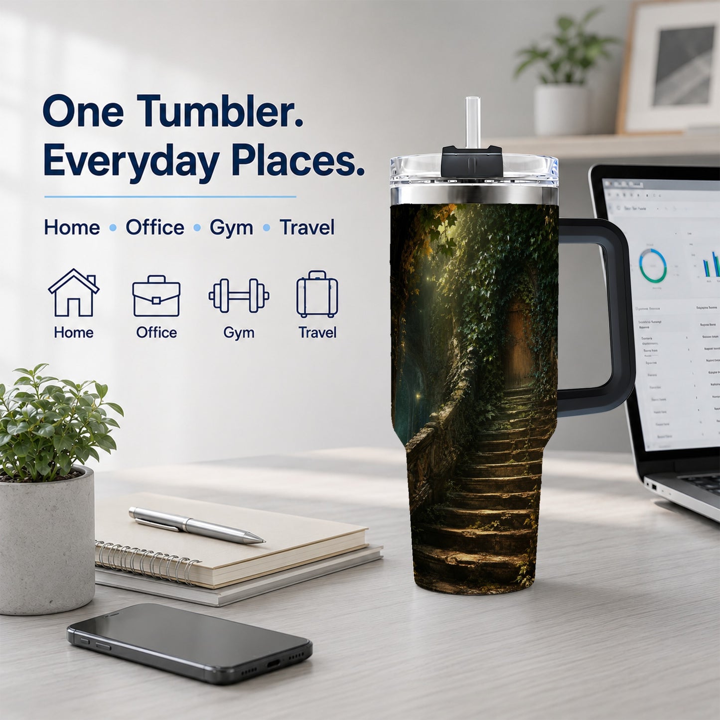 #pl[40oz|Black] Ivy Hidden Staircase 40oz Tumbler with Handle, Mystic Garden Door Art
