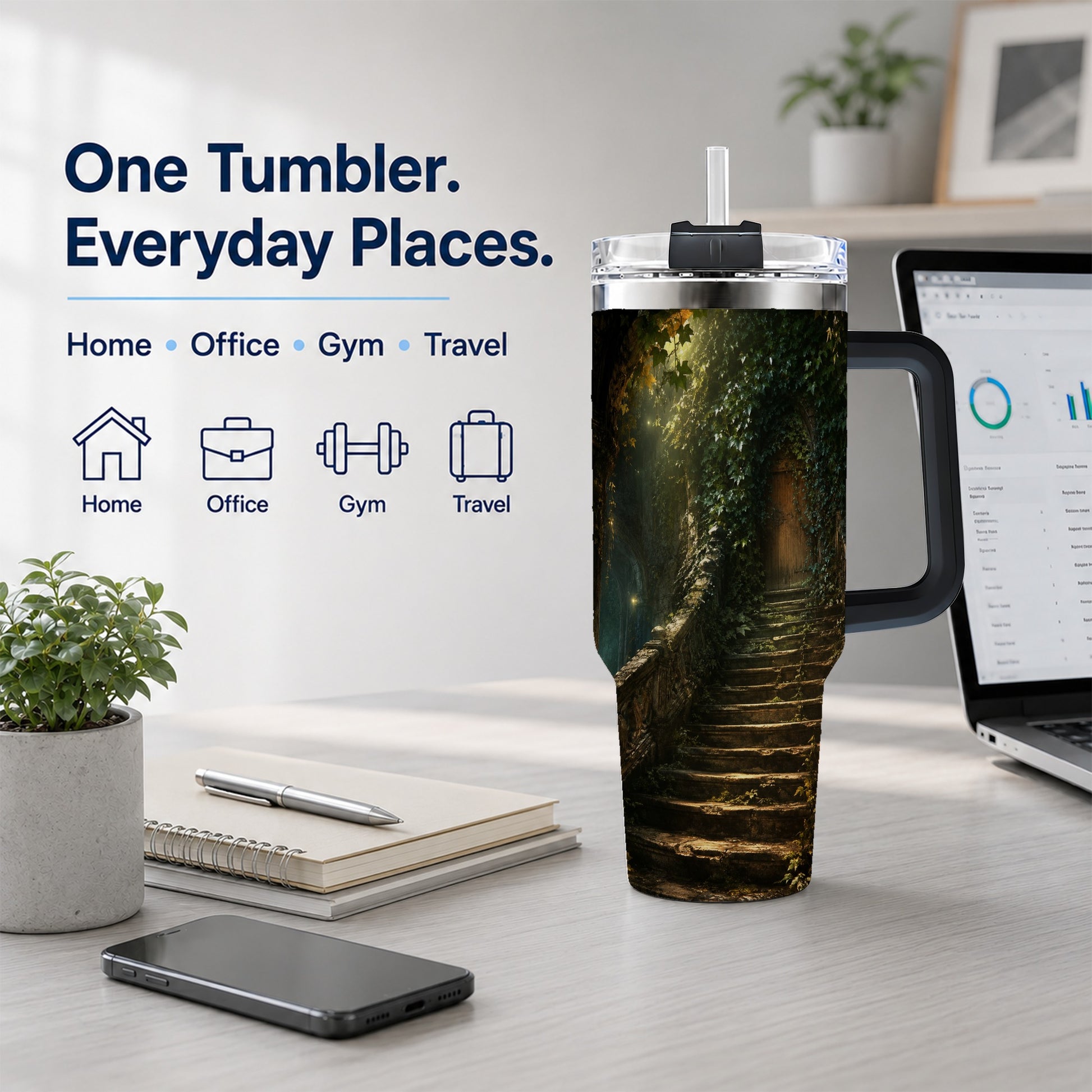 #pl[40oz|Black] Ivy Hidden Staircase 40oz Tumbler with Handle, Mystic Garden Door Art