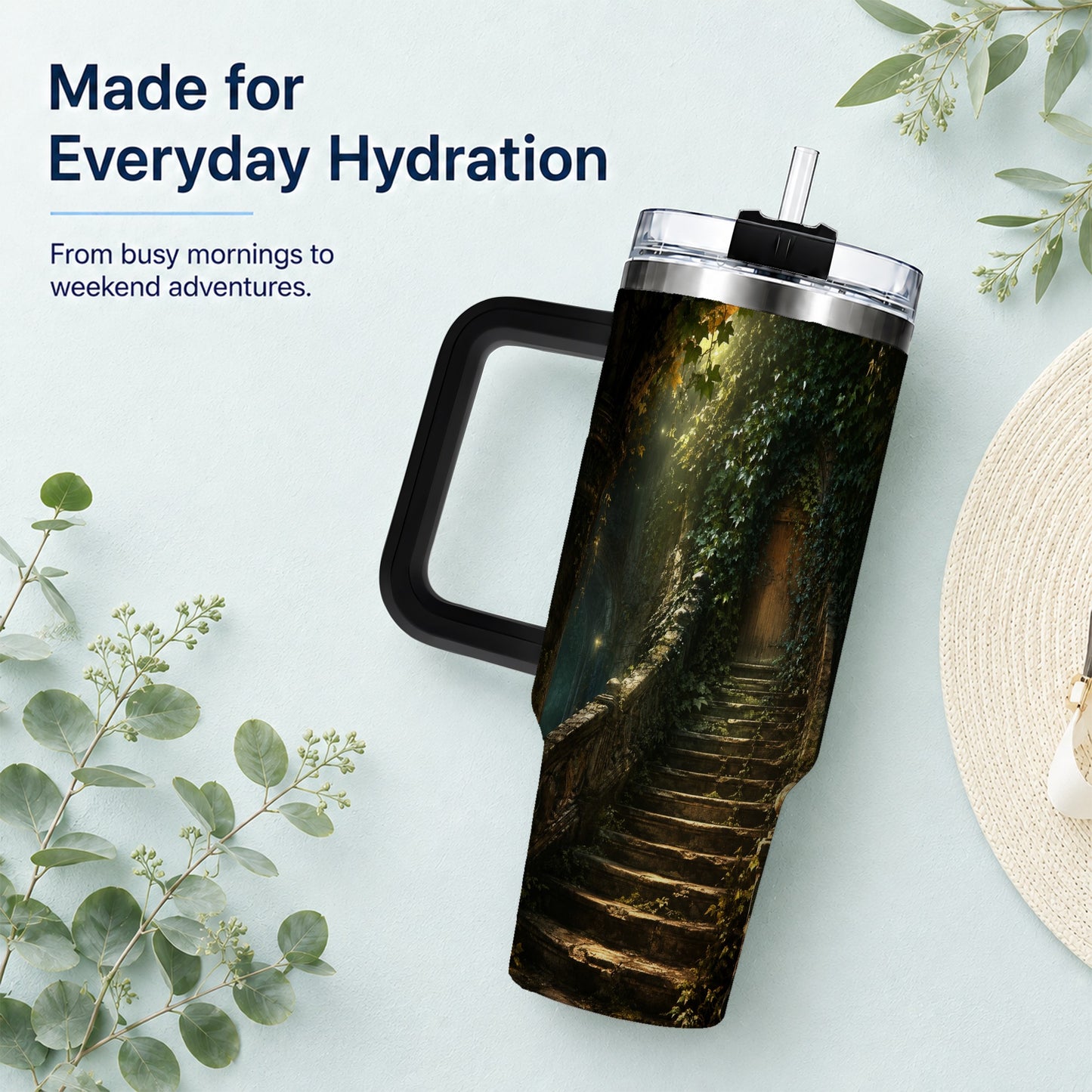 #pl[40oz|Black] Ivy Hidden Staircase 40oz Tumbler with Handle, Mystic Garden Door Art