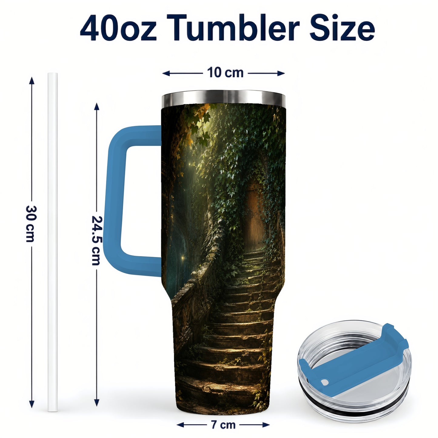 #pl[40oz|Blue] Ivy Hidden Staircase 40oz Tumbler with Handle, Mystic Garden Door Art