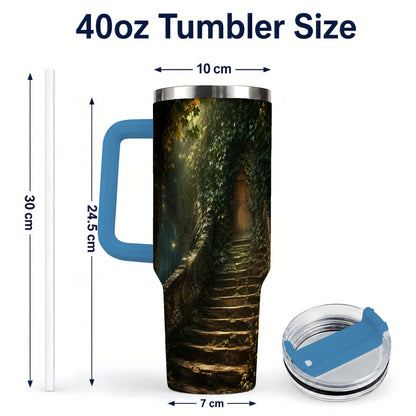 #pl[40oz|Blue] Ivy Hidden Staircase 40oz Tumbler with Handle, Mystic Garden Door Art