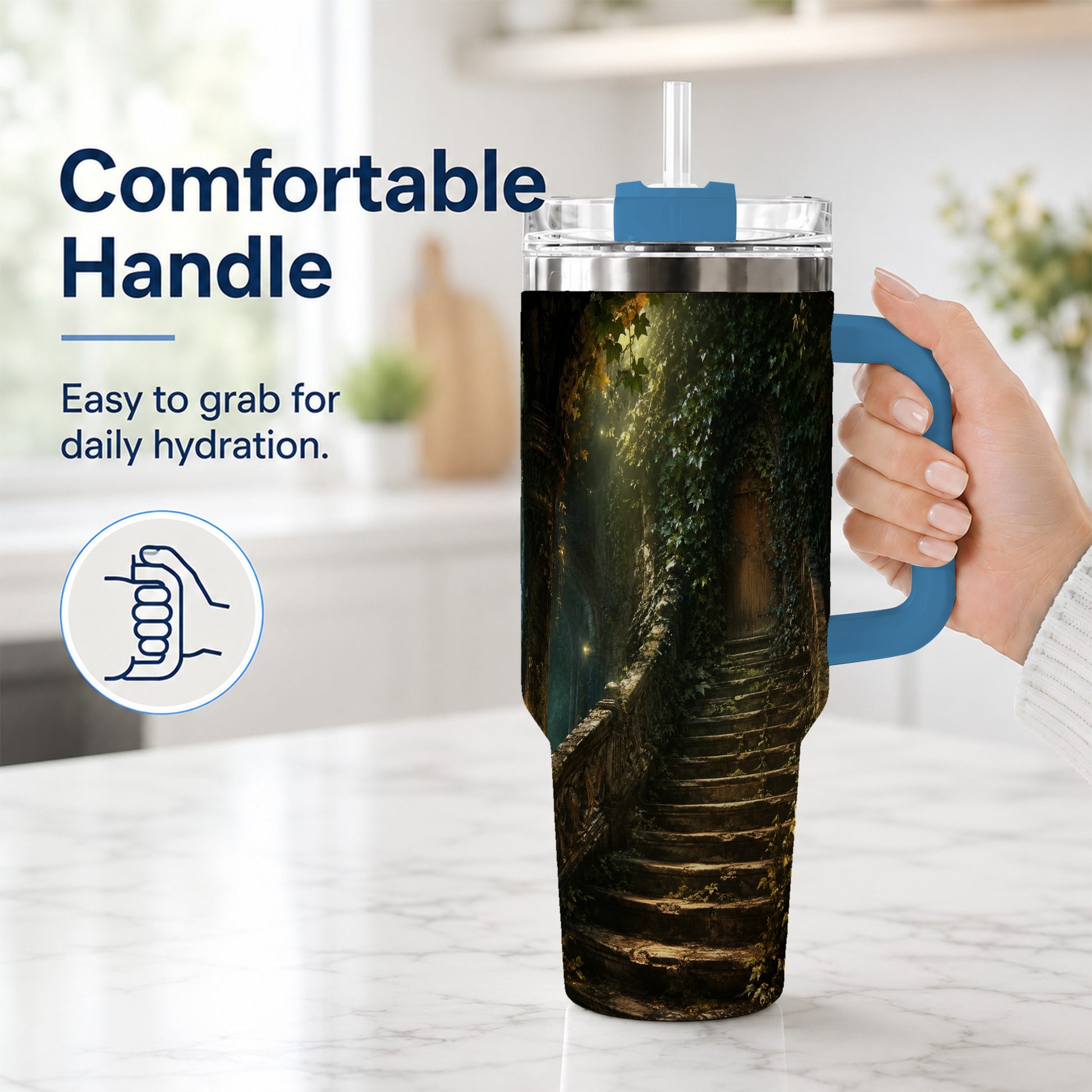 #pl[40oz|Blue] Ivy Hidden Staircase 40oz Tumbler with Handle, Mystic Garden Door Art