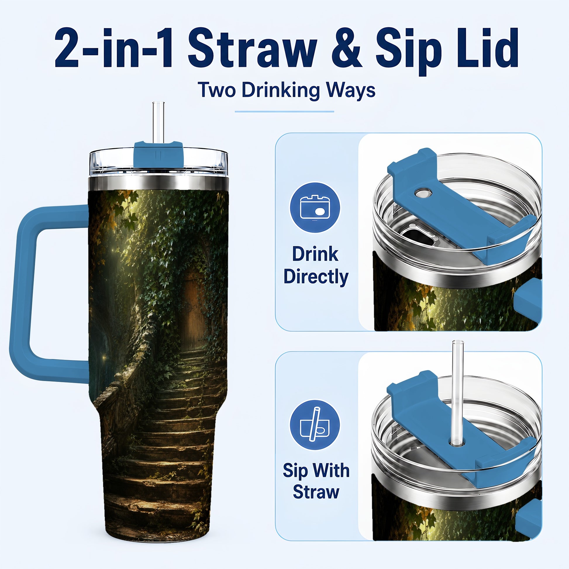 #pl[40oz|Blue] Ivy Hidden Staircase 40oz Tumbler with Handle, Mystic Garden Door Art