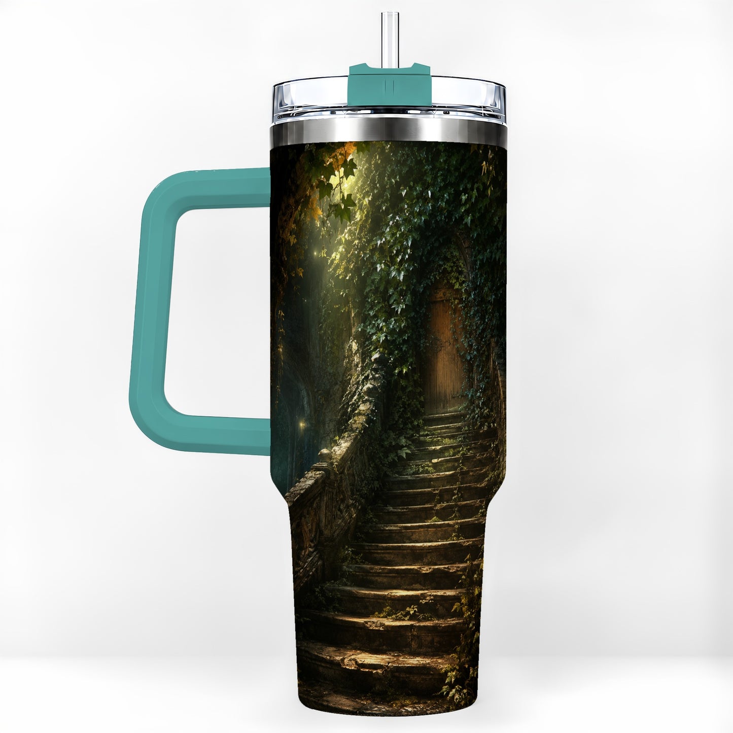#pl[40oz|Green] Ivy Hidden Staircase 40oz Tumbler with Handle, Mystic Garden Door Art
