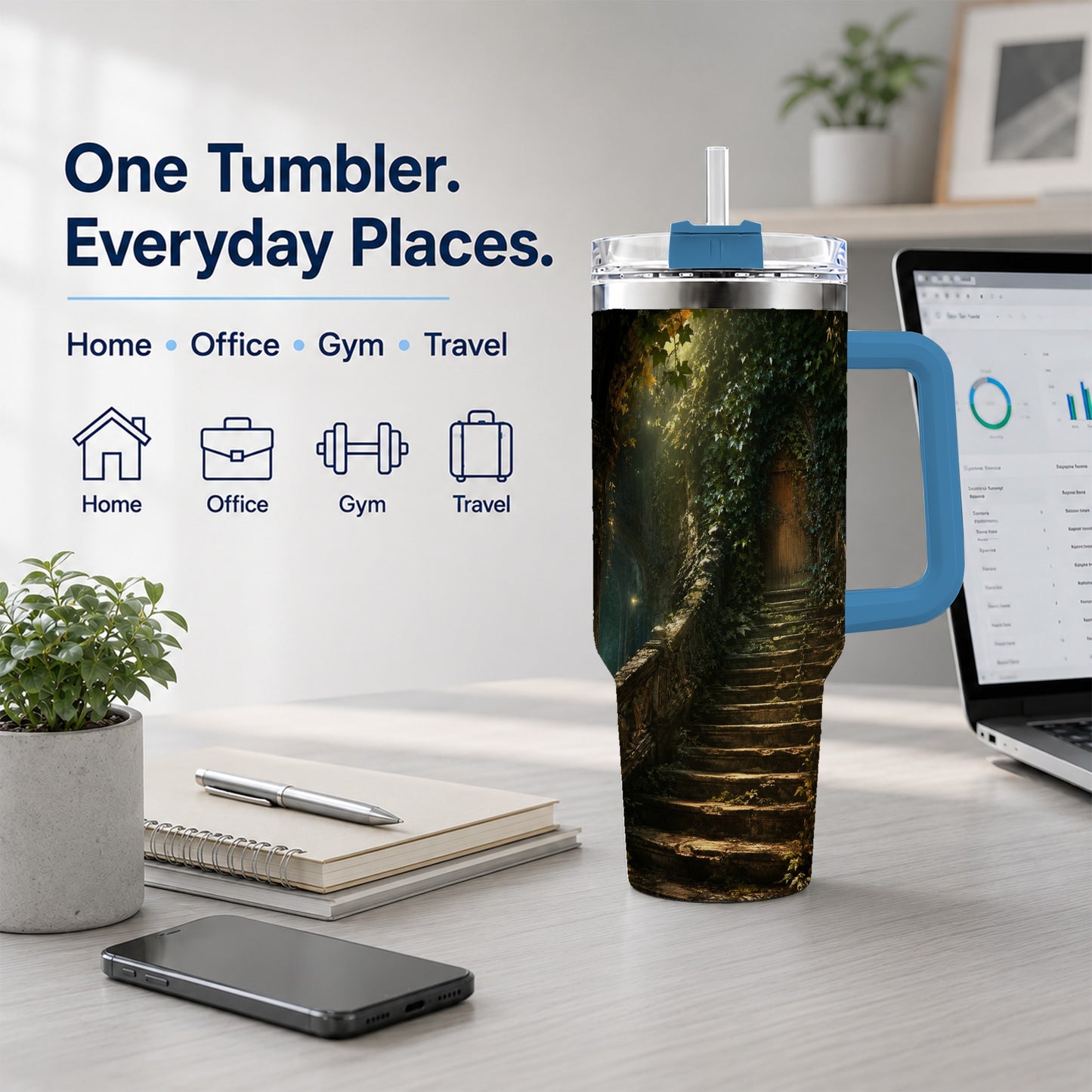 #pl[40oz|Blue] Ivy Hidden Staircase 40oz Tumbler with Handle, Mystic Garden Door Art