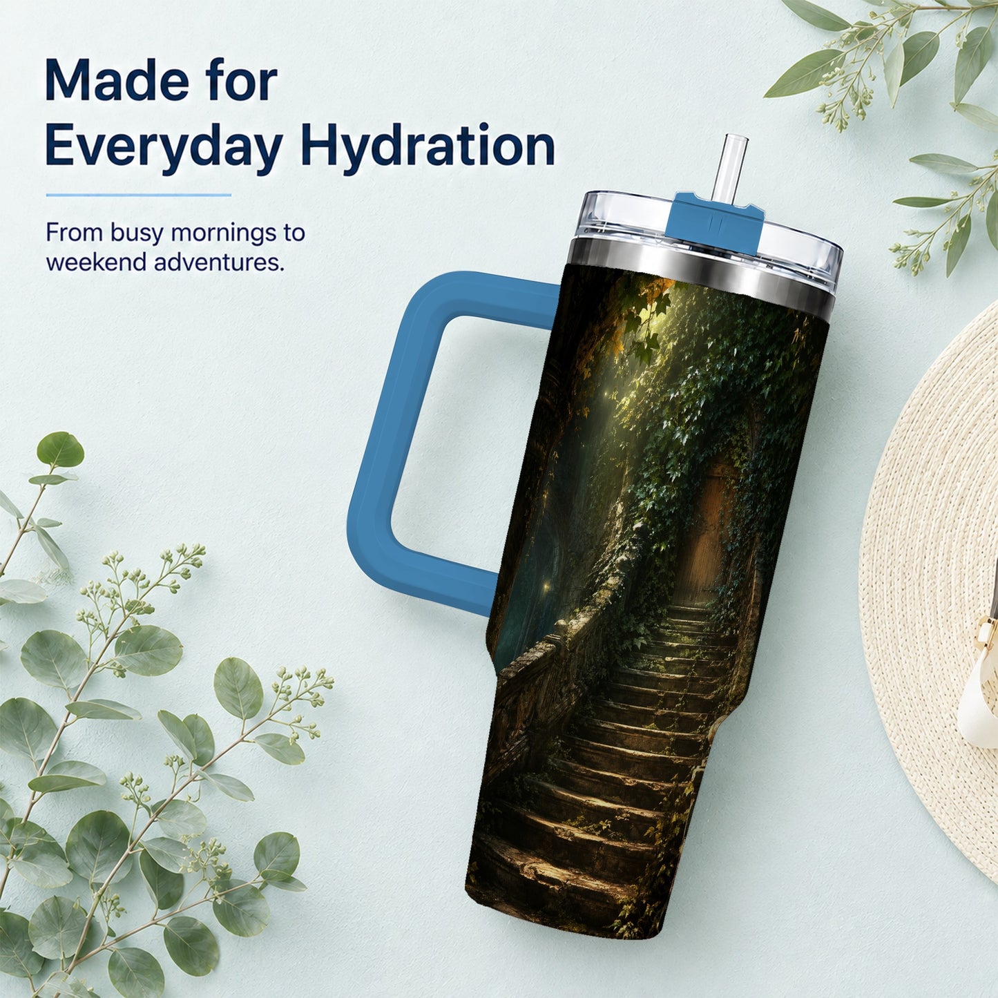 #pl[40oz|Blue] Ivy Hidden Staircase 40oz Tumbler with Handle, Mystic Garden Door Art