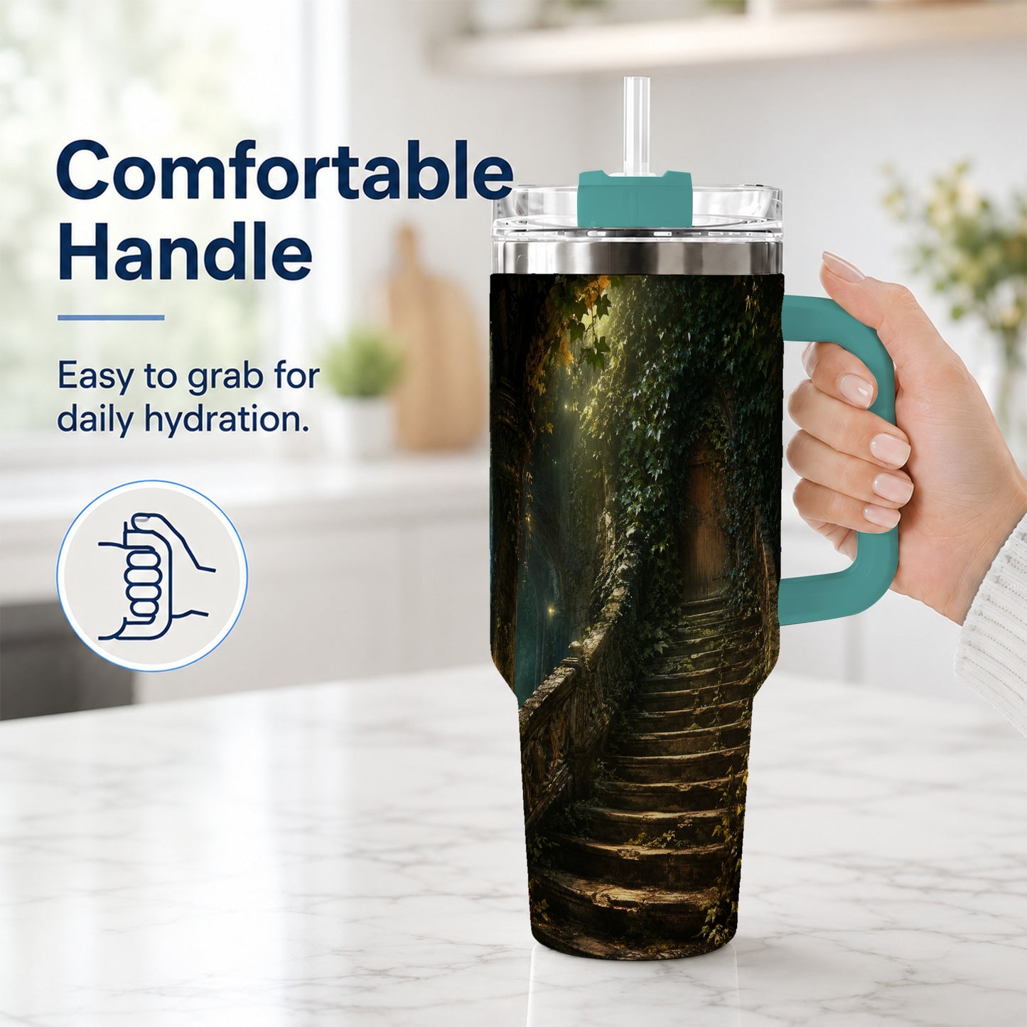 #pl[40oz|Green] Ivy Hidden Staircase 40oz Tumbler with Handle, Mystic Garden Door Art