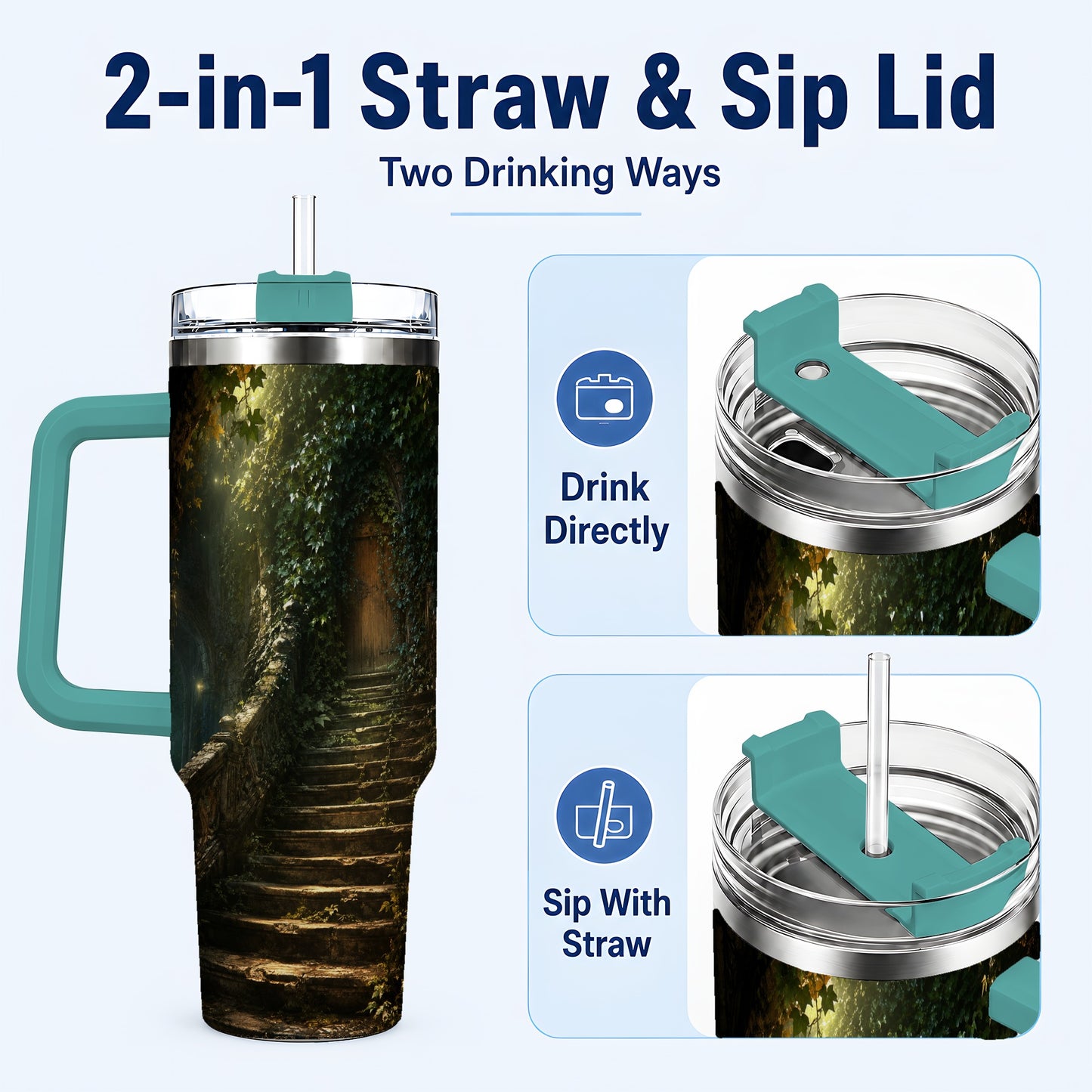#pl[40oz|Green] Ivy Hidden Staircase 40oz Tumbler with Handle, Mystic Garden Door Art