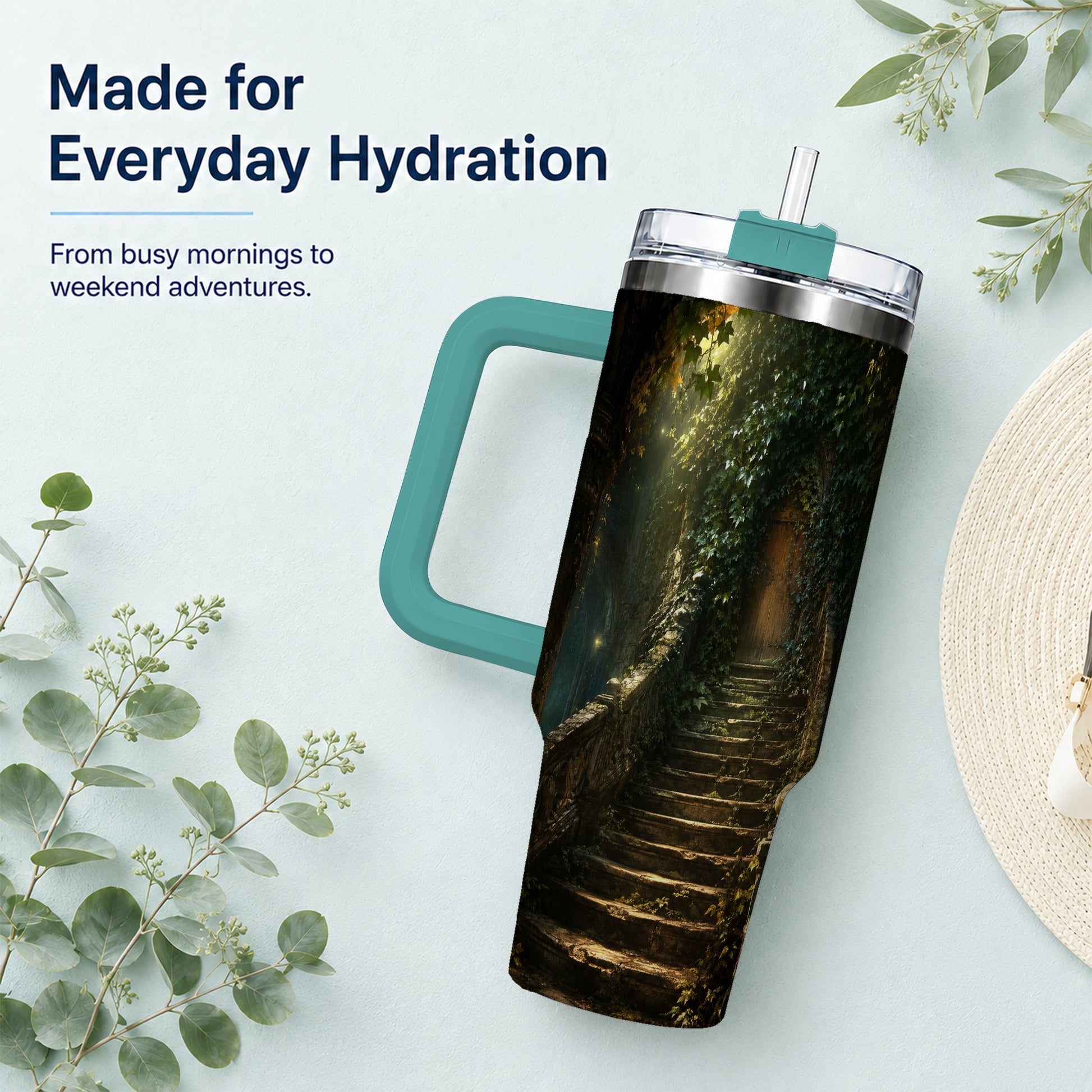 #pl[40oz|Green] Ivy Hidden Staircase 40oz Tumbler with Handle, Mystic Garden Door Art