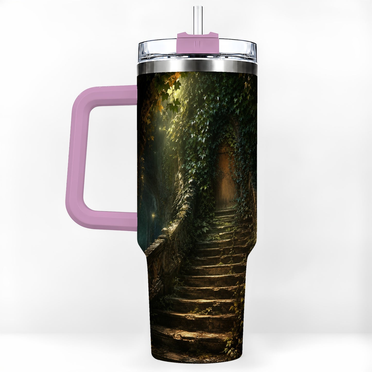 #pl[40oz|Pink] Ivy Hidden Staircase 40oz Tumbler with Handle, Mystic Garden Door Art
