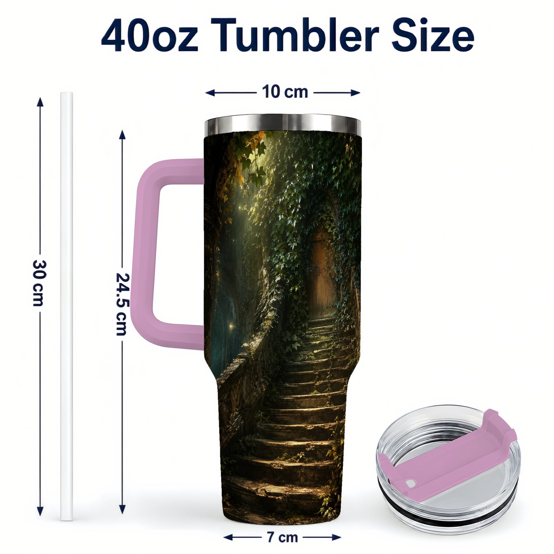 #pl[40oz|Pink] Ivy Hidden Staircase 40oz Tumbler with Handle, Mystic Garden Door Art