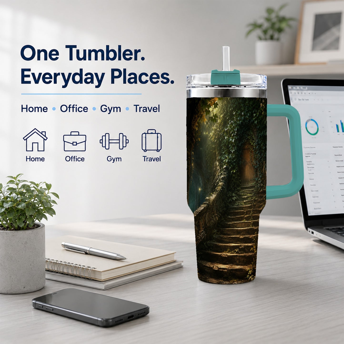 #pl[40oz|Green] Ivy Hidden Staircase 40oz Tumbler with Handle, Mystic Garden Door Art
