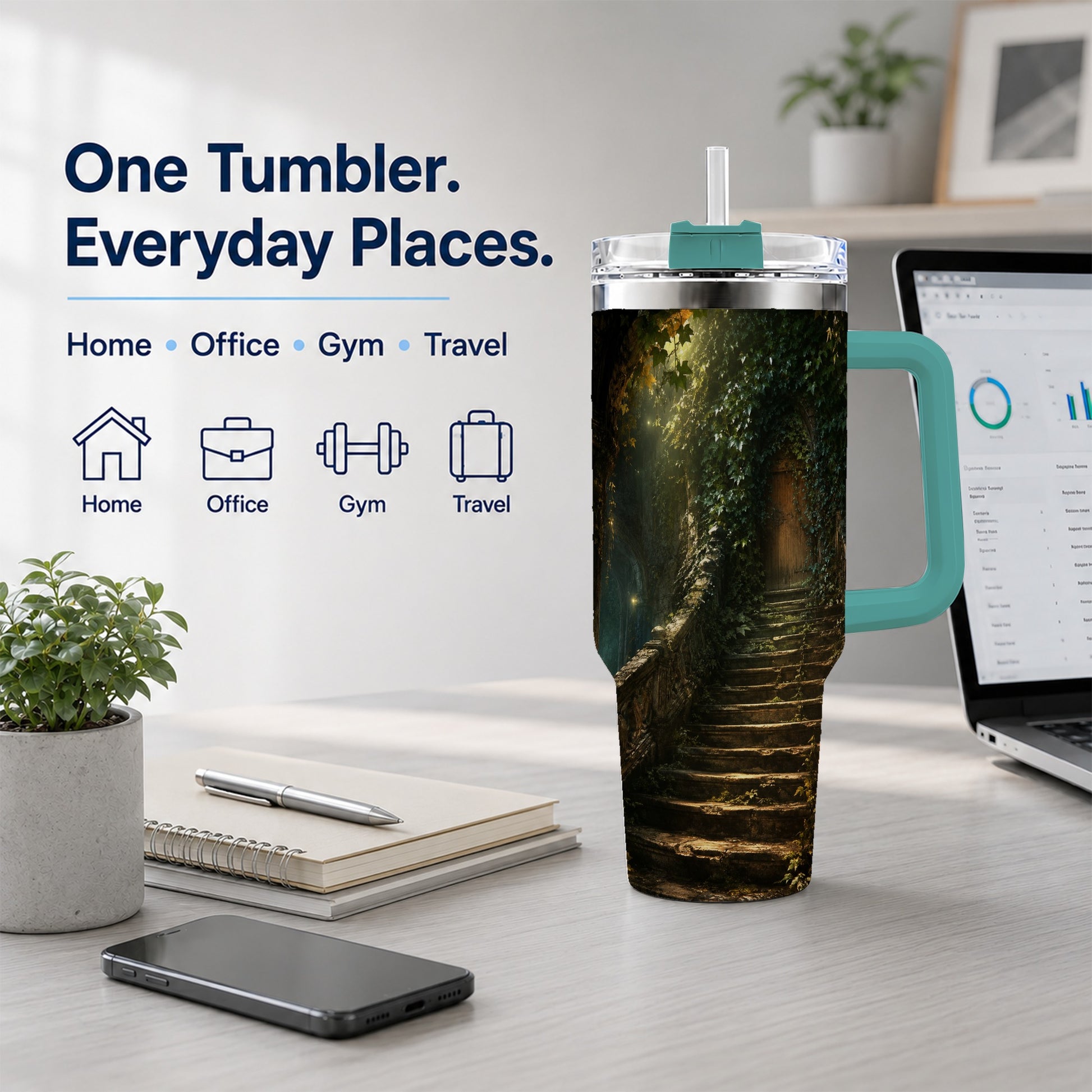 #pl[40oz|Green] Ivy Hidden Staircase 40oz Tumbler with Handle, Mystic Garden Door Art