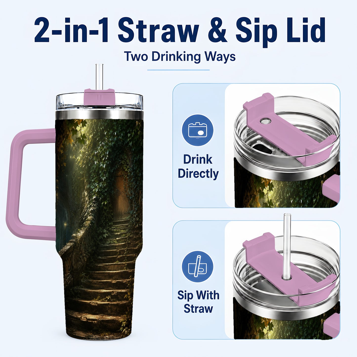 #pl[40oz|Pink] Ivy Hidden Staircase 40oz Tumbler with Handle, Mystic Garden Door Art