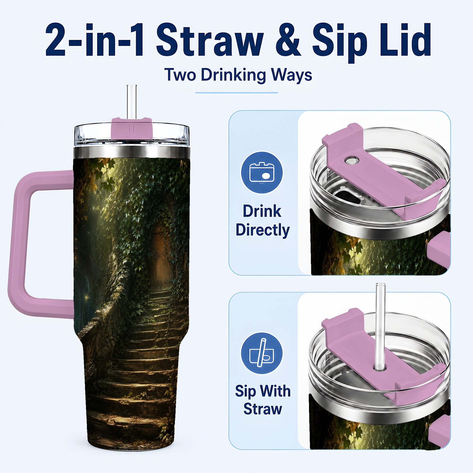 #pl[40oz|Pink] Ivy Hidden Staircase 40oz Tumbler with Handle, Mystic Garden Door Art