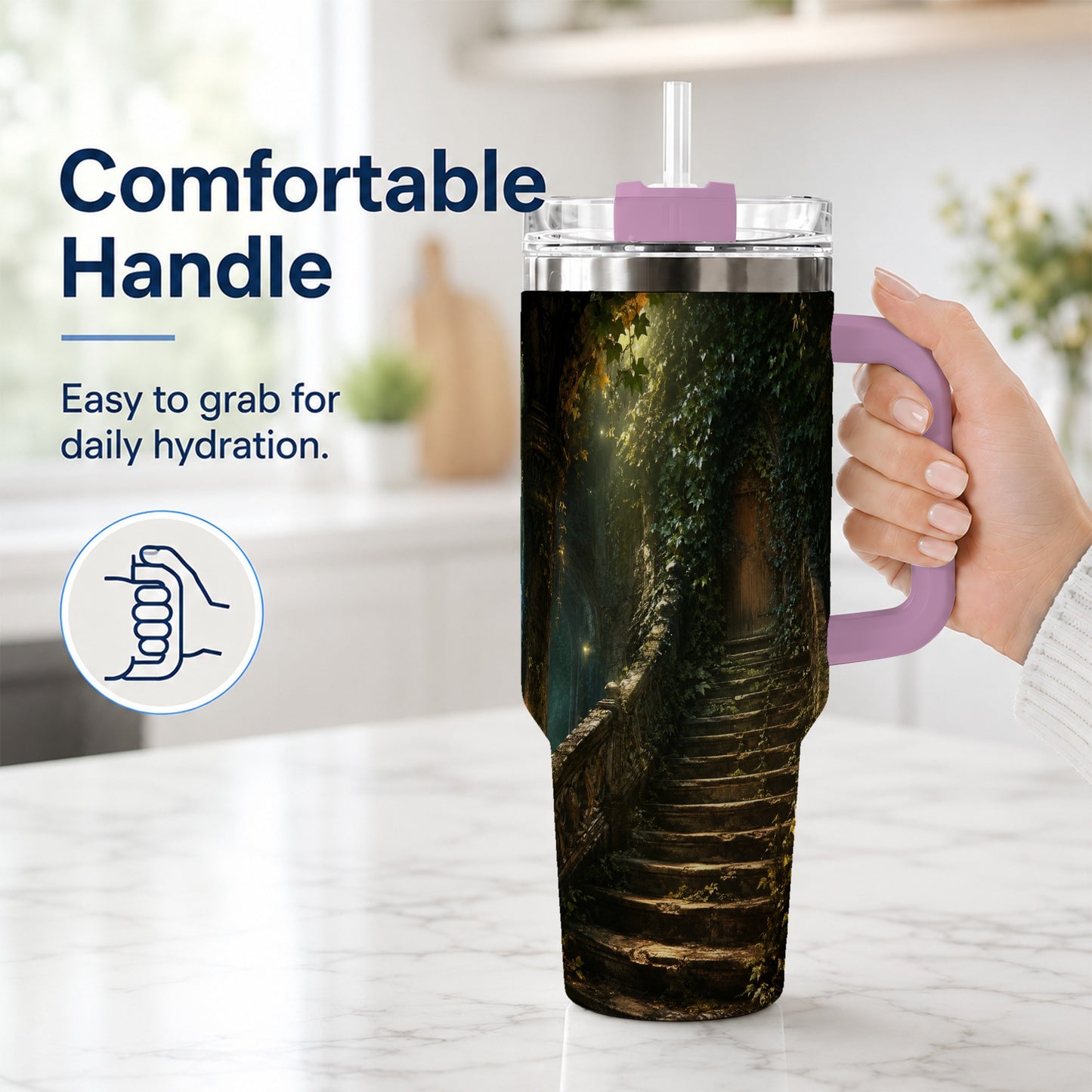#pl[40oz|Pink] Ivy Hidden Staircase 40oz Tumbler with Handle, Mystic Garden Door Art