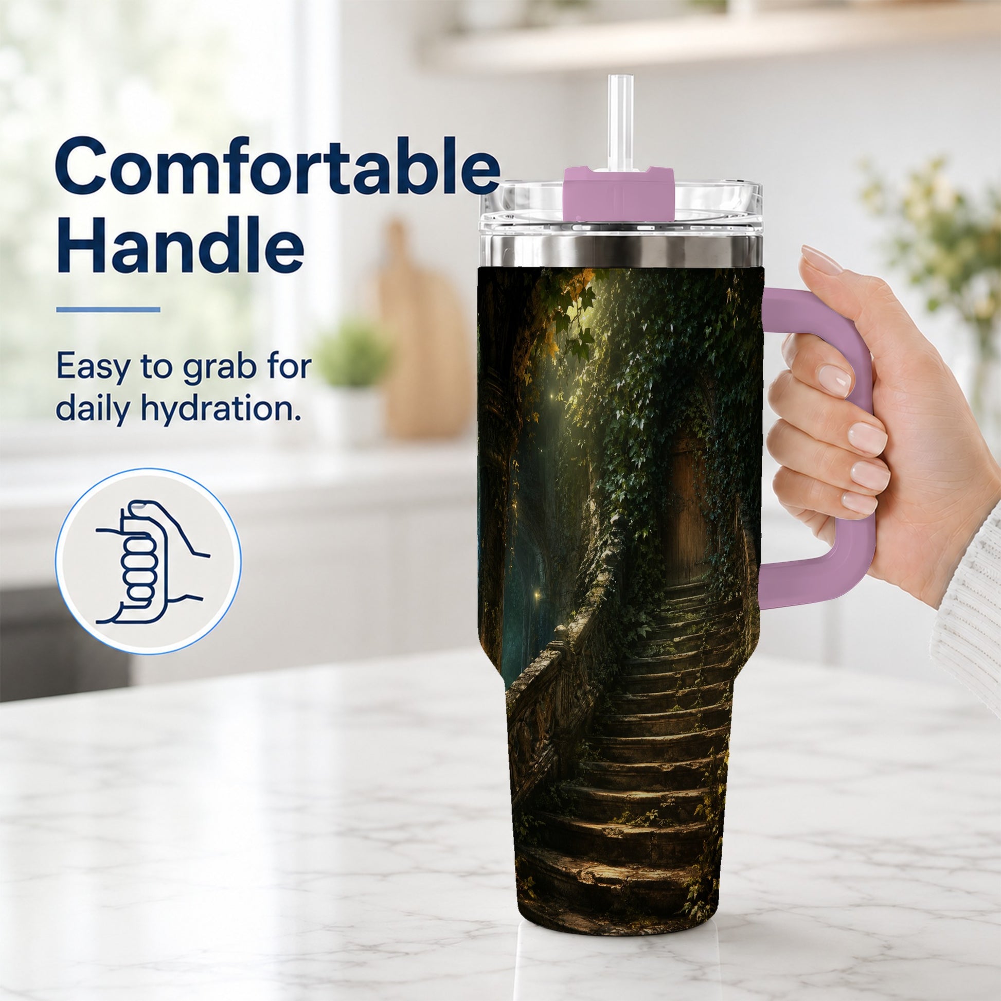 #pl[40oz|Pink] Ivy Hidden Staircase 40oz Tumbler with Handle, Mystic Garden Door Art