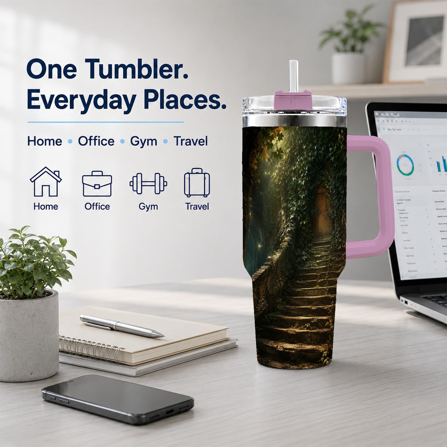 #pl[40oz|Pink] Ivy Hidden Staircase 40oz Tumbler with Handle, Mystic Garden Door Art