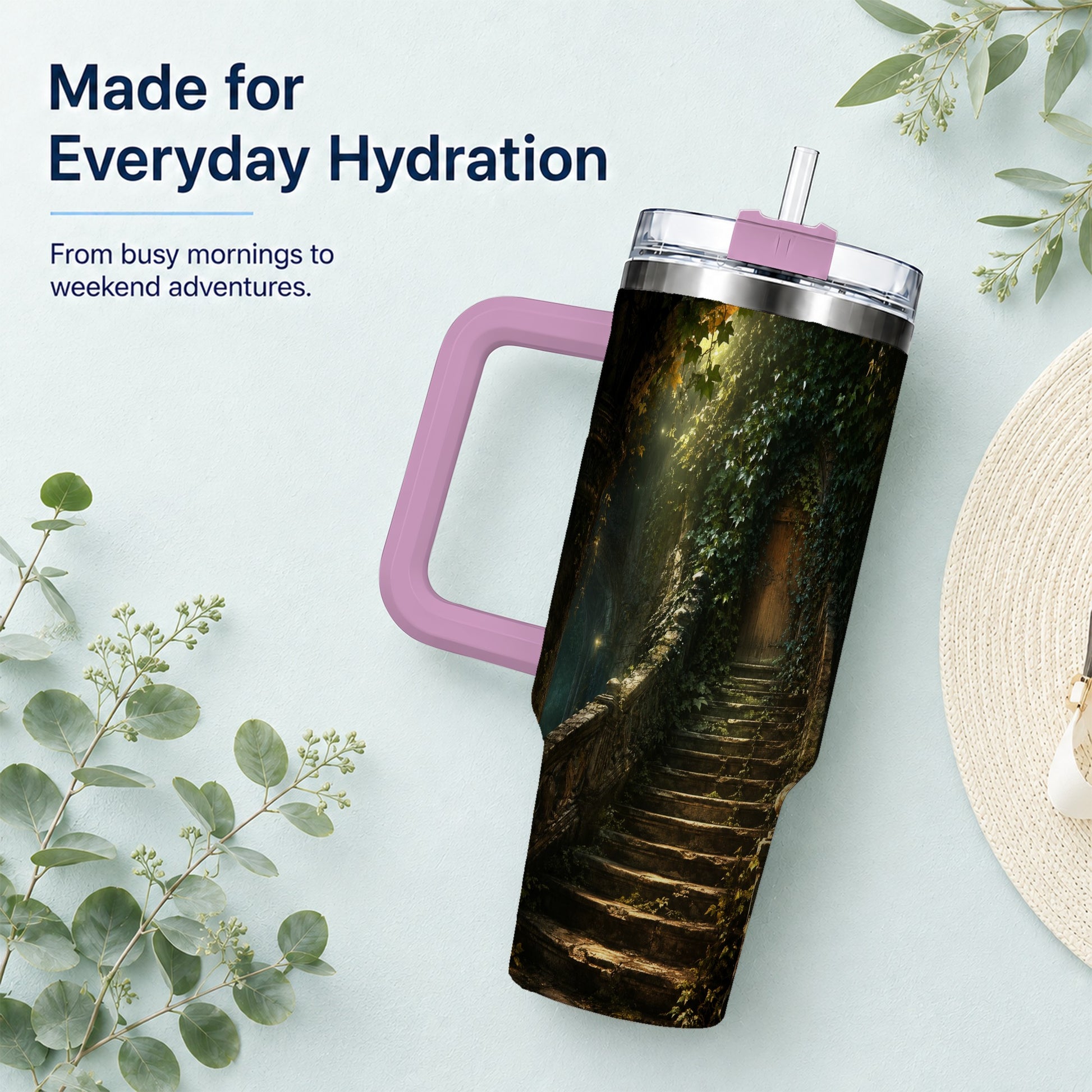 #pl[40oz|Pink] Ivy Hidden Staircase 40oz Tumbler with Handle, Mystic Garden Door Art