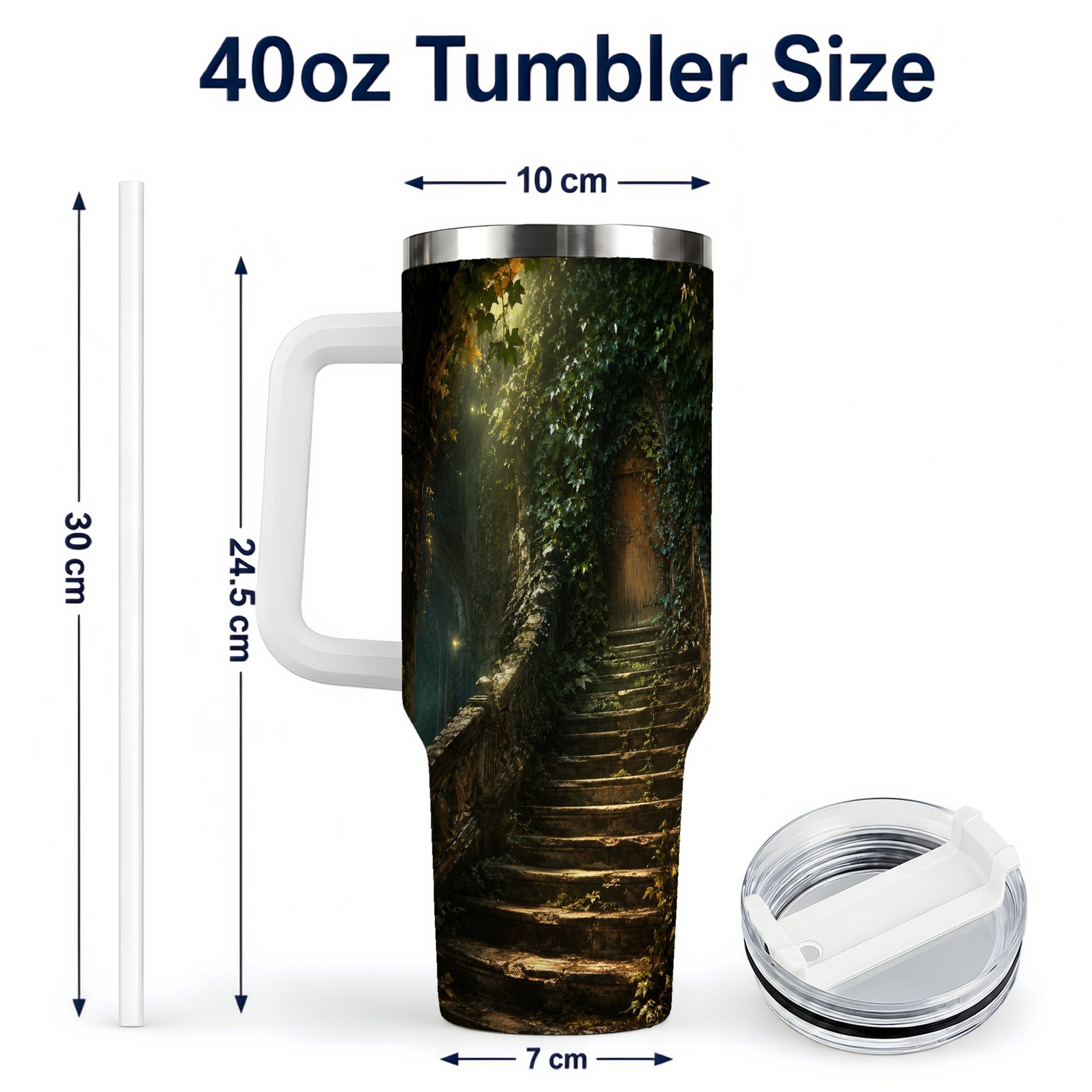 #pl[40oz|White] Ivy Hidden Staircase 40oz Tumbler with Handle, Mystic Garden Door Art