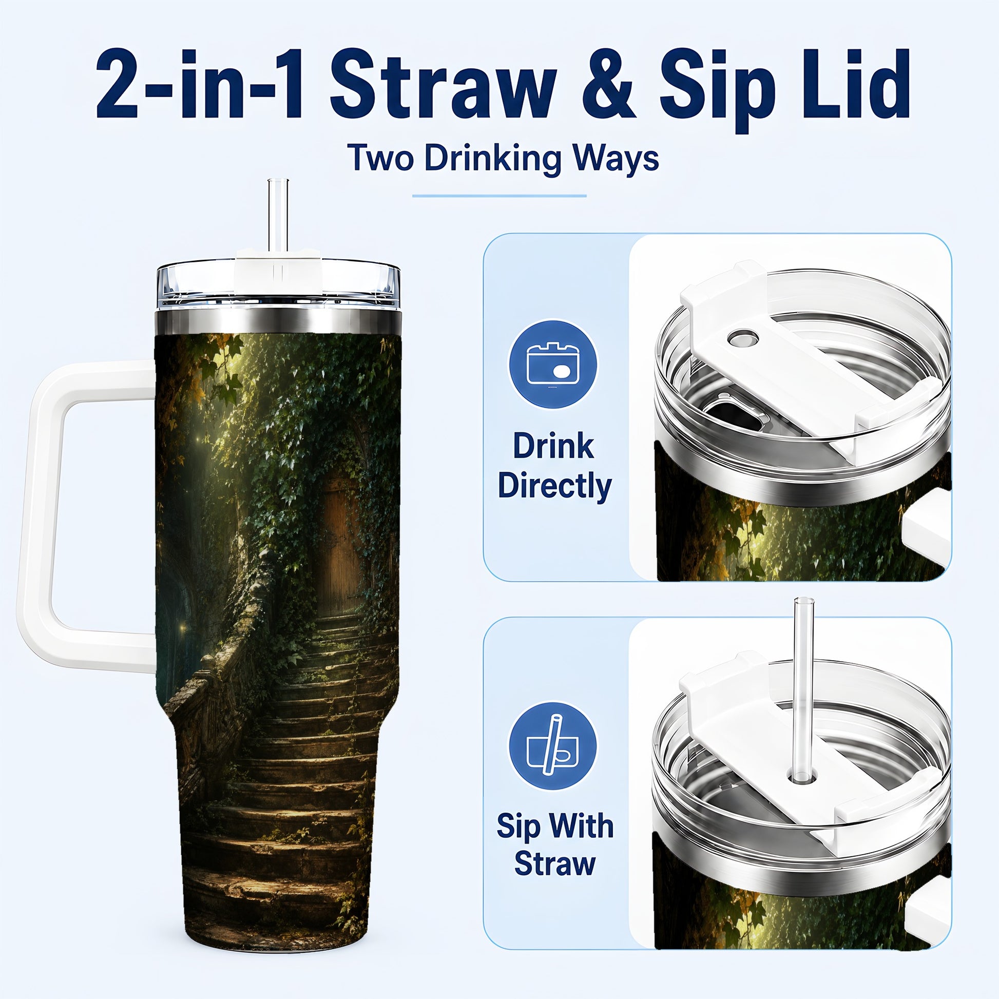 #pl[40oz|White] Ivy Hidden Staircase 40oz Tumbler with Handle, Mystic Garden Door Art