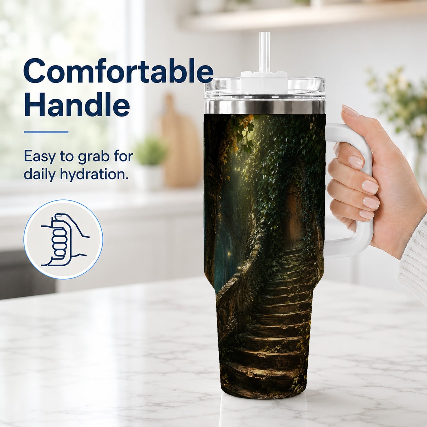 #pl[40oz|White] Ivy Hidden Staircase 40oz Tumbler with Handle, Mystic Garden Door Art