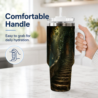 #pl[40oz|White] Ivy Hidden Staircase 40oz Tumbler with Handle, Mystic Garden Door Art