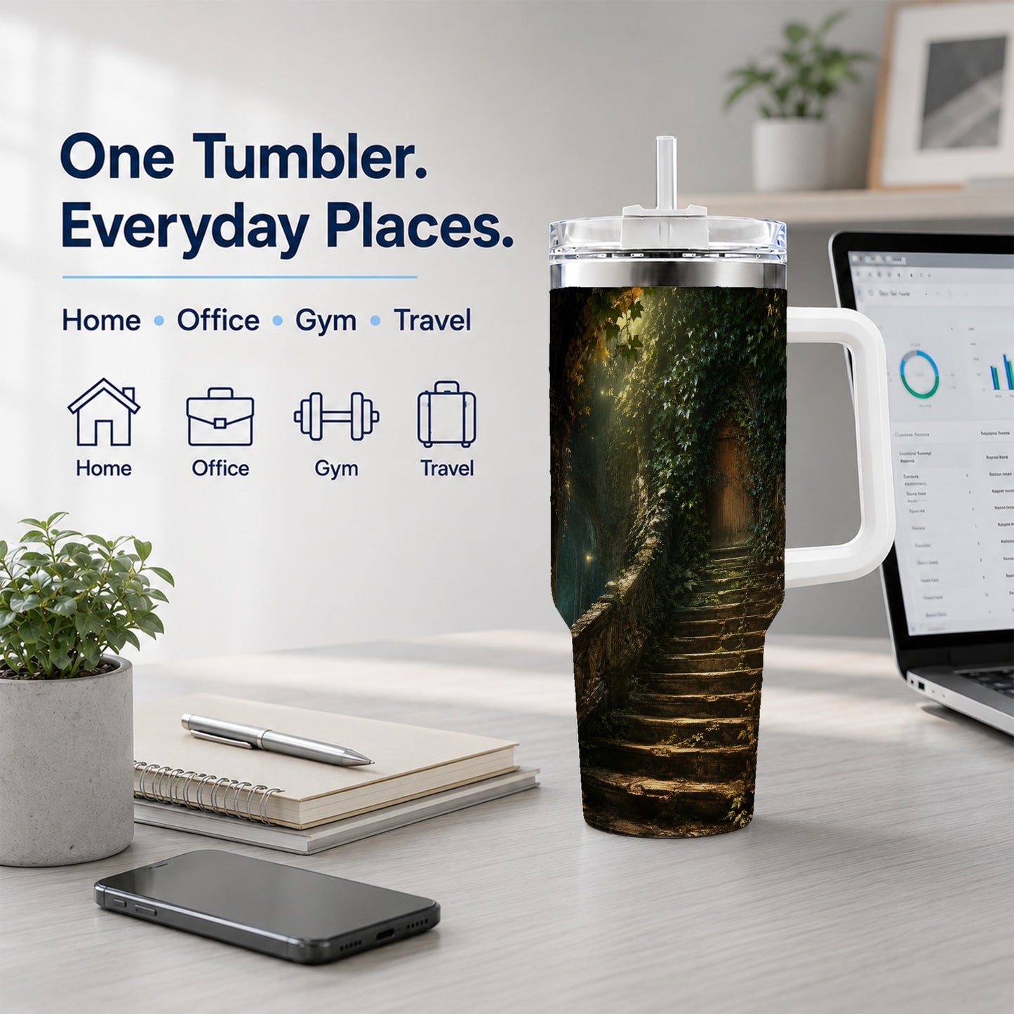 #pl[40oz|White] Ivy Hidden Staircase 40oz Tumbler with Handle, Mystic Garden Door Art