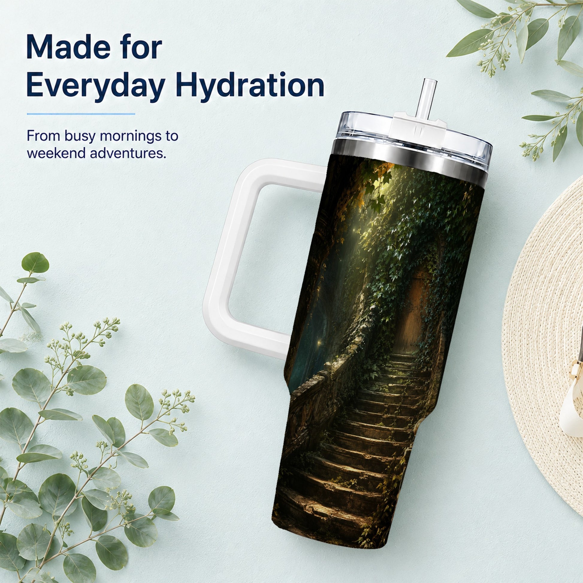 #pl[40oz|White] Ivy Hidden Staircase 40oz Tumbler with Handle, Mystic Garden Door Art