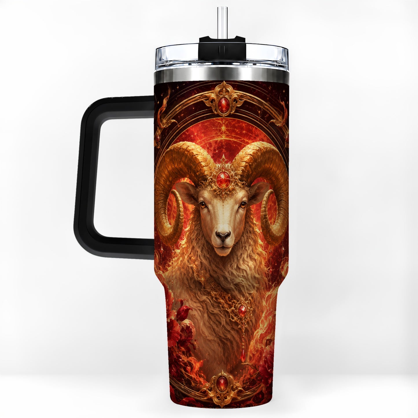 #pl[40oz|Black] Aries Ram 40oz Tumbler with Handle, Fiery Zodiac Celestial Art