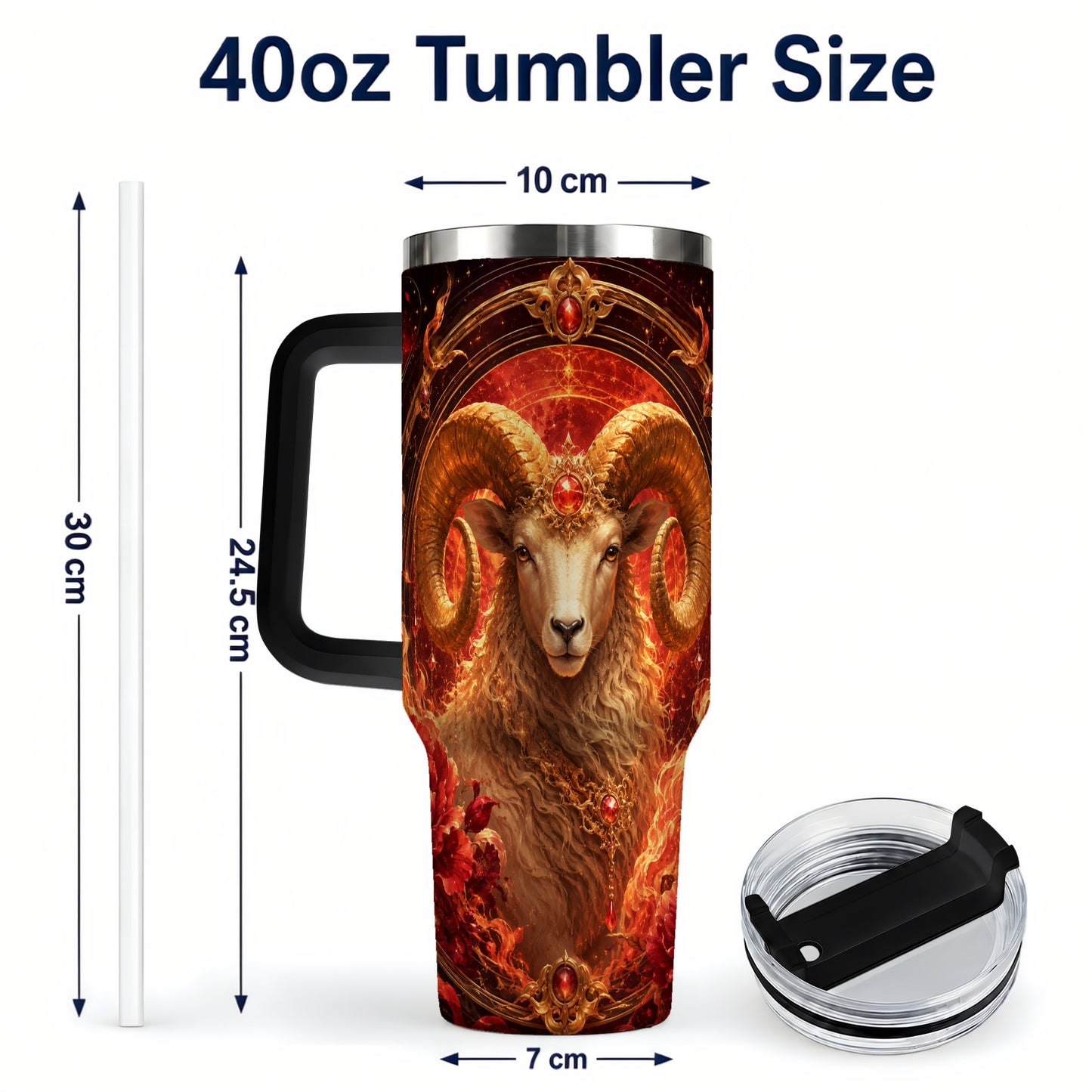 #pl[40oz|Black] Aries Ram 40oz Tumbler with Handle, Fiery Zodiac Celestial Art