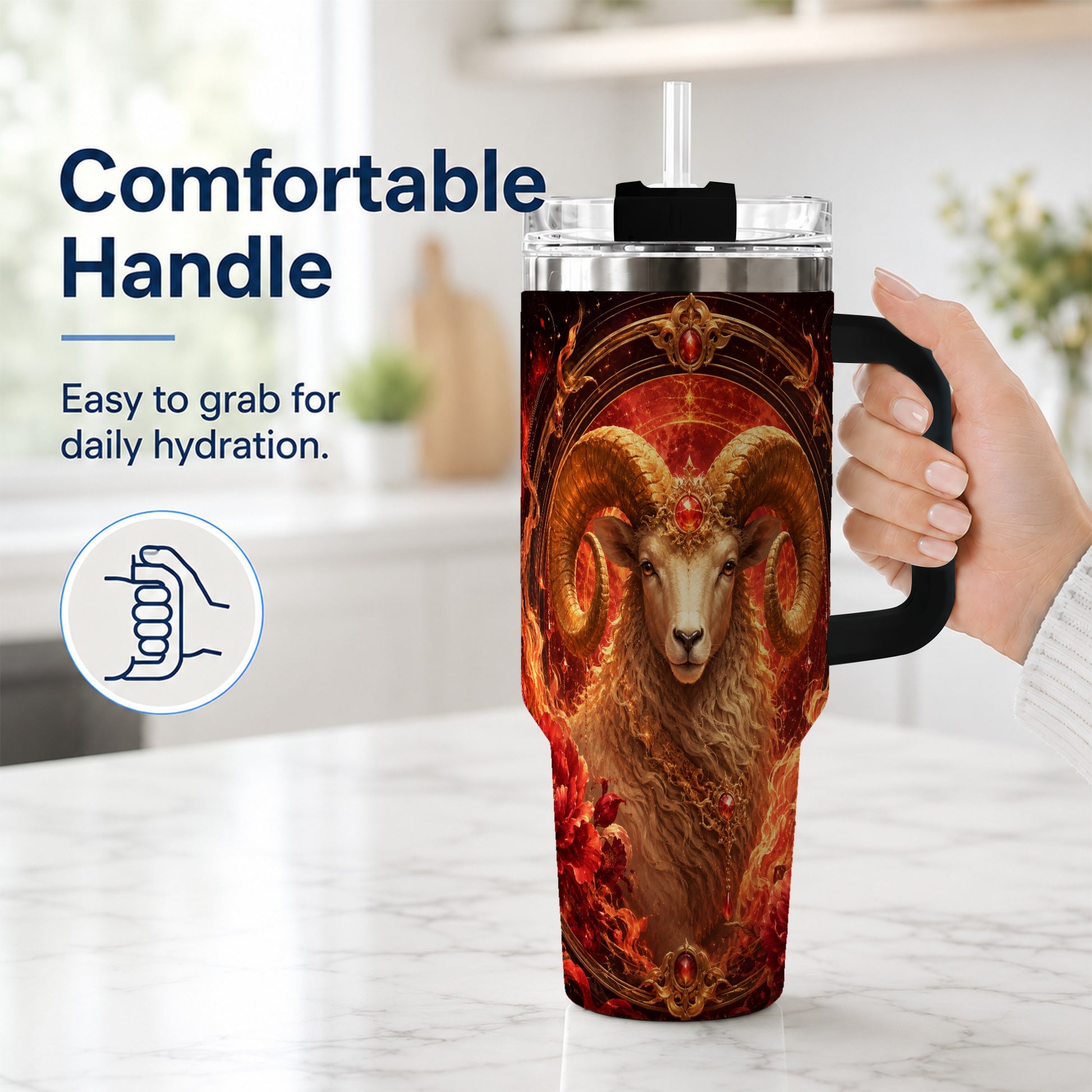 #pl[40oz|Black] Aries Ram 40oz Tumbler with Handle, Fiery Zodiac Celestial Art