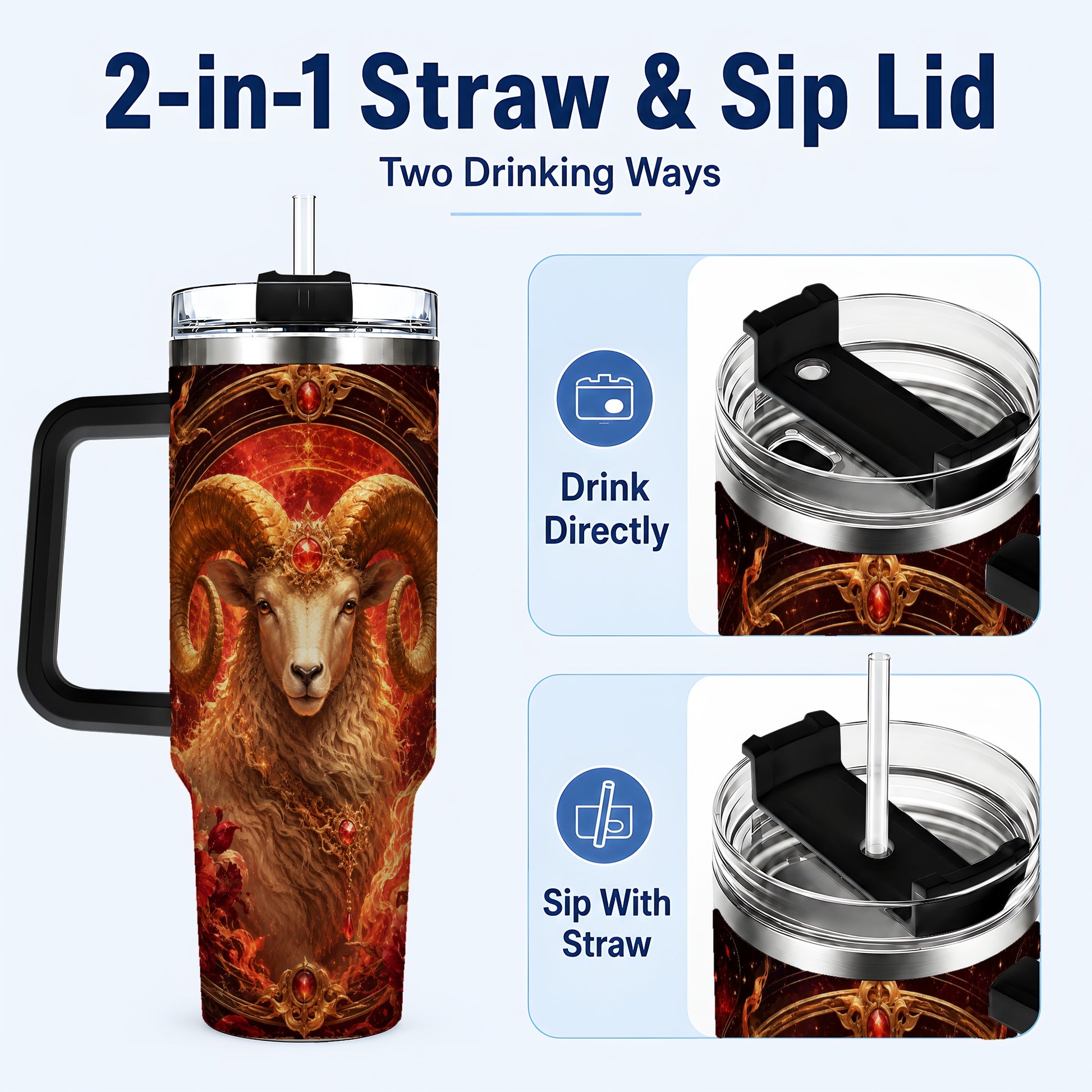 #pl[40oz|Black] Aries Ram 40oz Tumbler with Handle, Fiery Zodiac Celestial Art