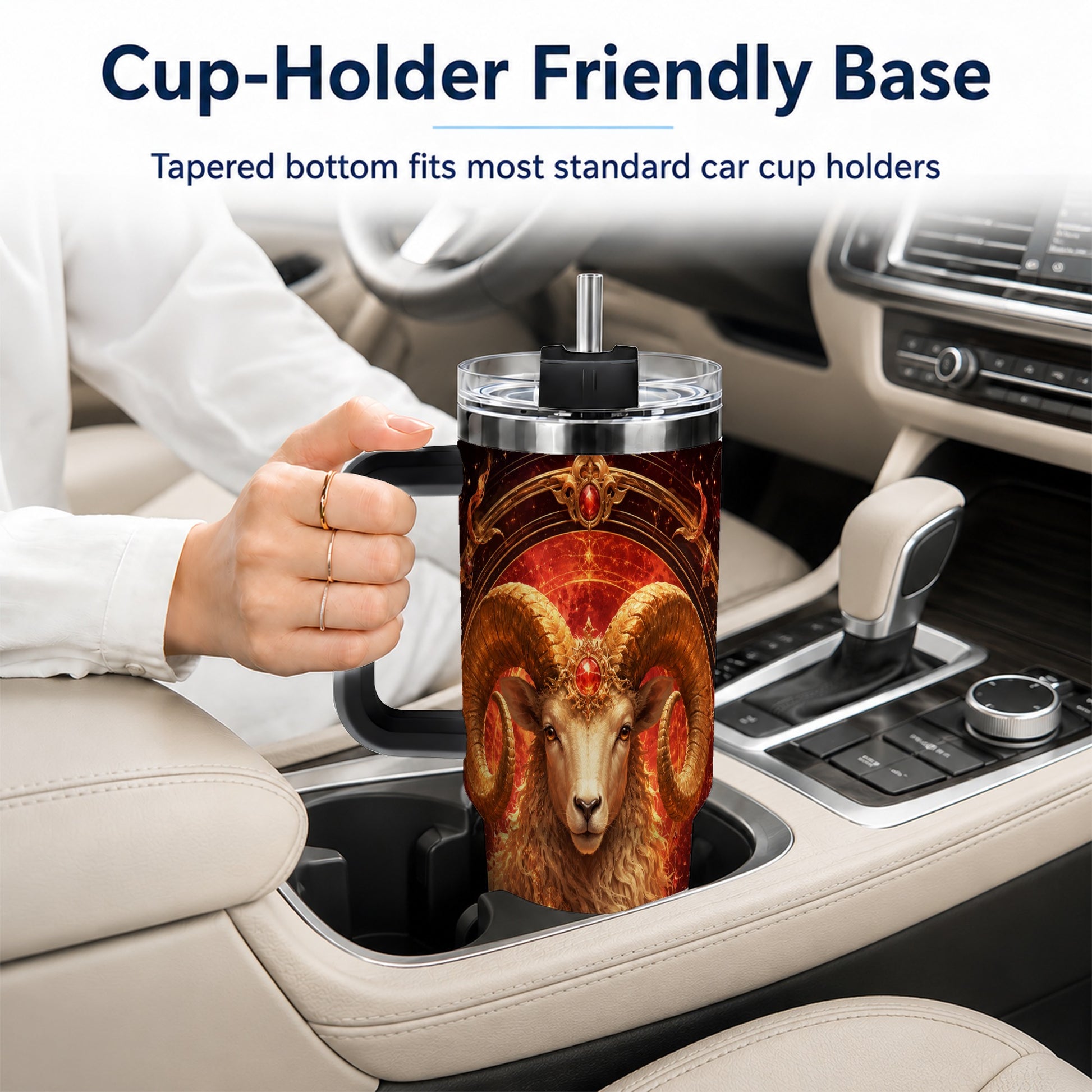 #pl[40oz|Black] Aries Ram 40oz Tumbler with Handle, Fiery Zodiac Celestial Art