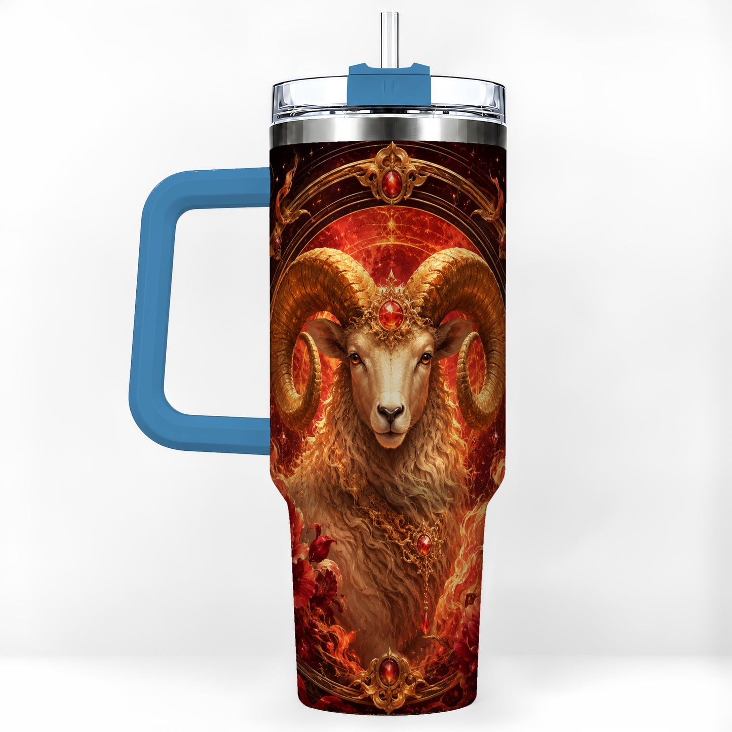 #pl[40oz|Blue] Aries Ram 40oz Tumbler with Handle, Fiery Zodiac Celestial Art