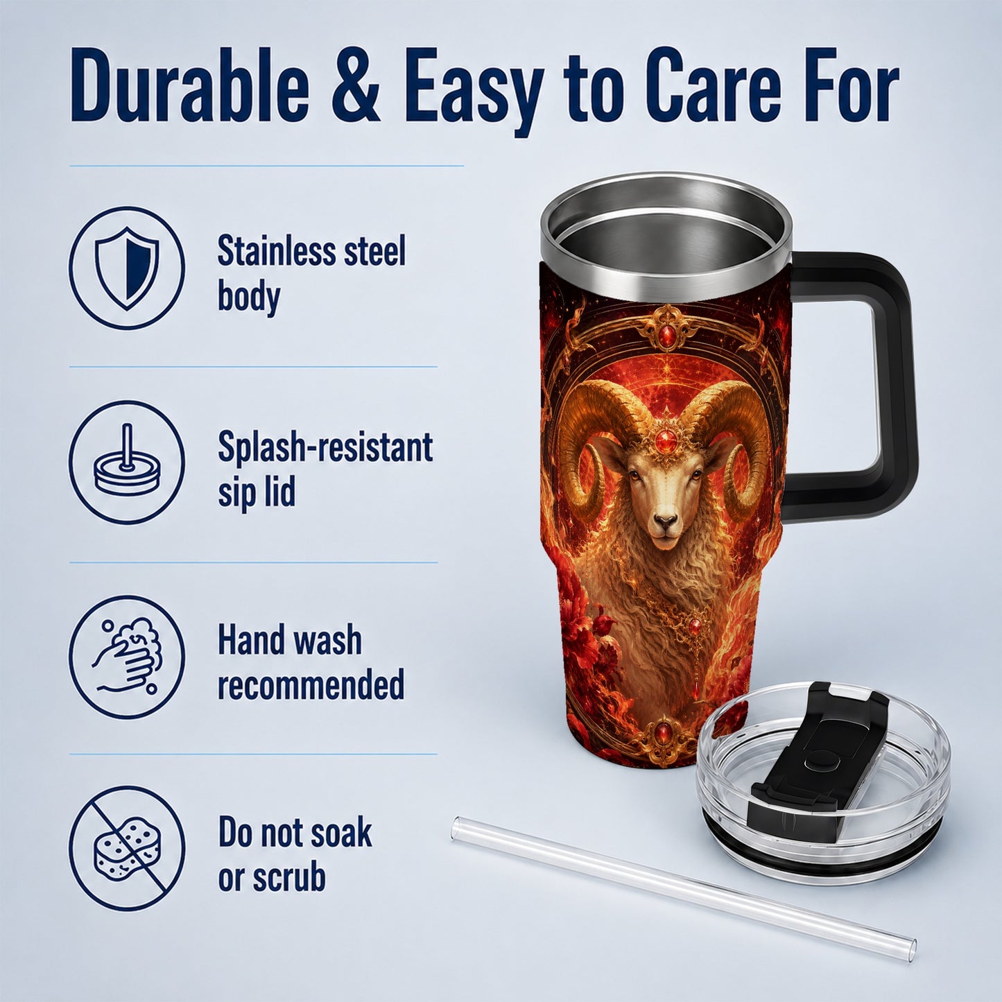 #pl[40oz|Black] Aries Ram 40oz Tumbler with Handle, Fiery Zodiac Celestial Art