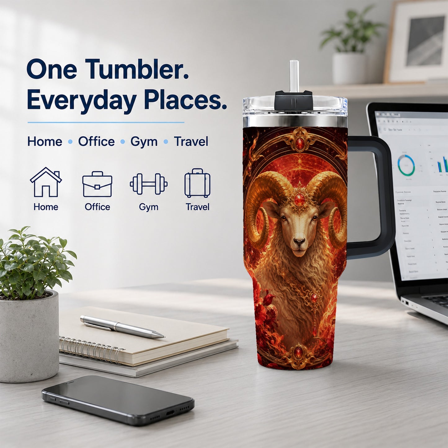 #pl[40oz|Black] Aries Ram 40oz Tumbler with Handle, Fiery Zodiac Celestial Art