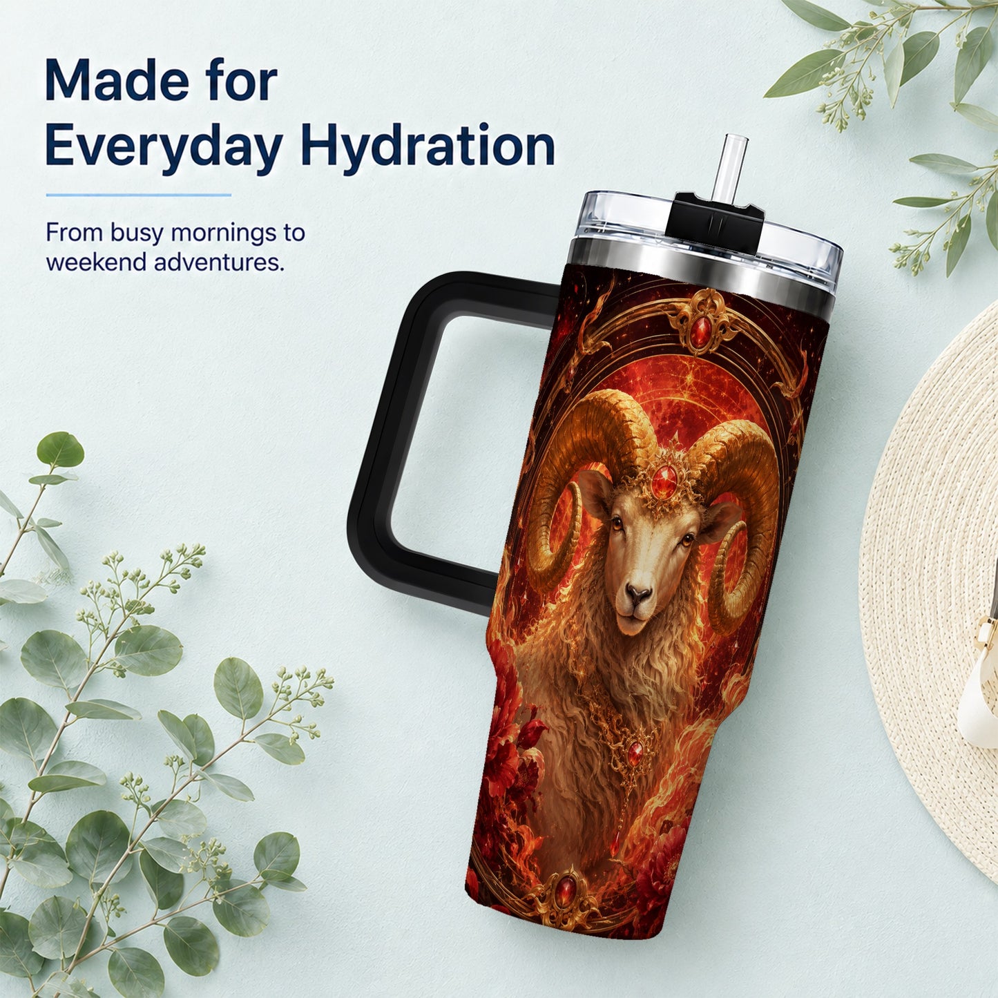 #pl[40oz|Black] Aries Ram 40oz Tumbler with Handle, Fiery Zodiac Celestial Art