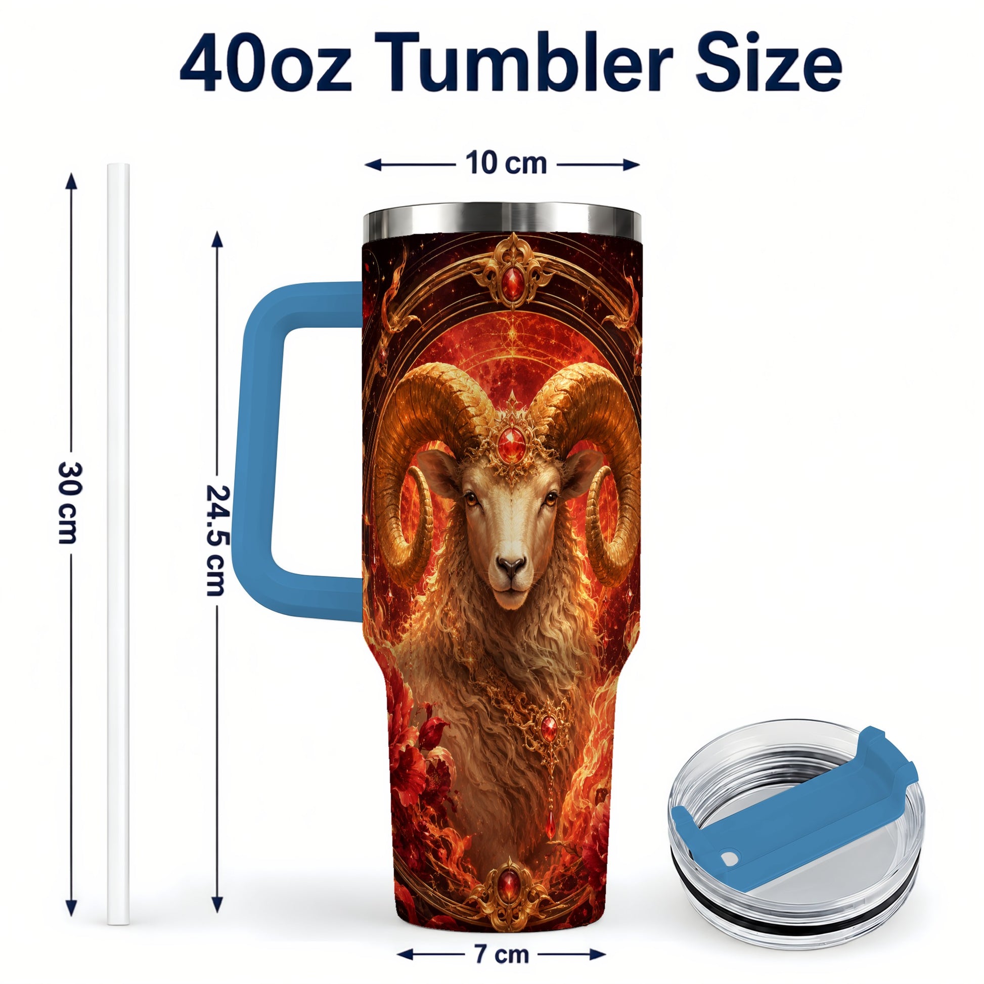 #pl[40oz|Blue] Aries Ram 40oz Tumbler with Handle, Fiery Zodiac Celestial Art